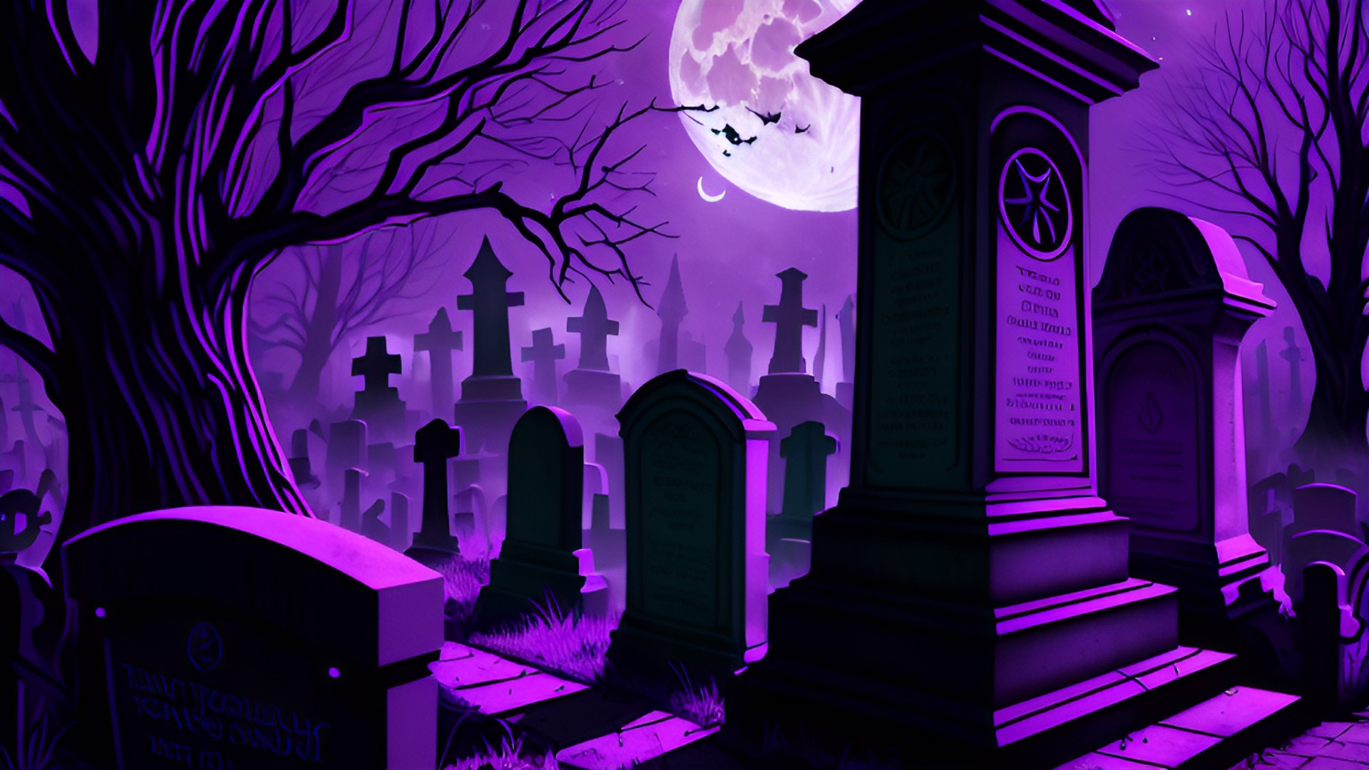 a eerie night time backdrop of the moon in a deep purple sky , in the style of imaginative fantasy steampunk graveyard, forest, tombstones, mausoleum, cemetery, bats , purple lighting preview