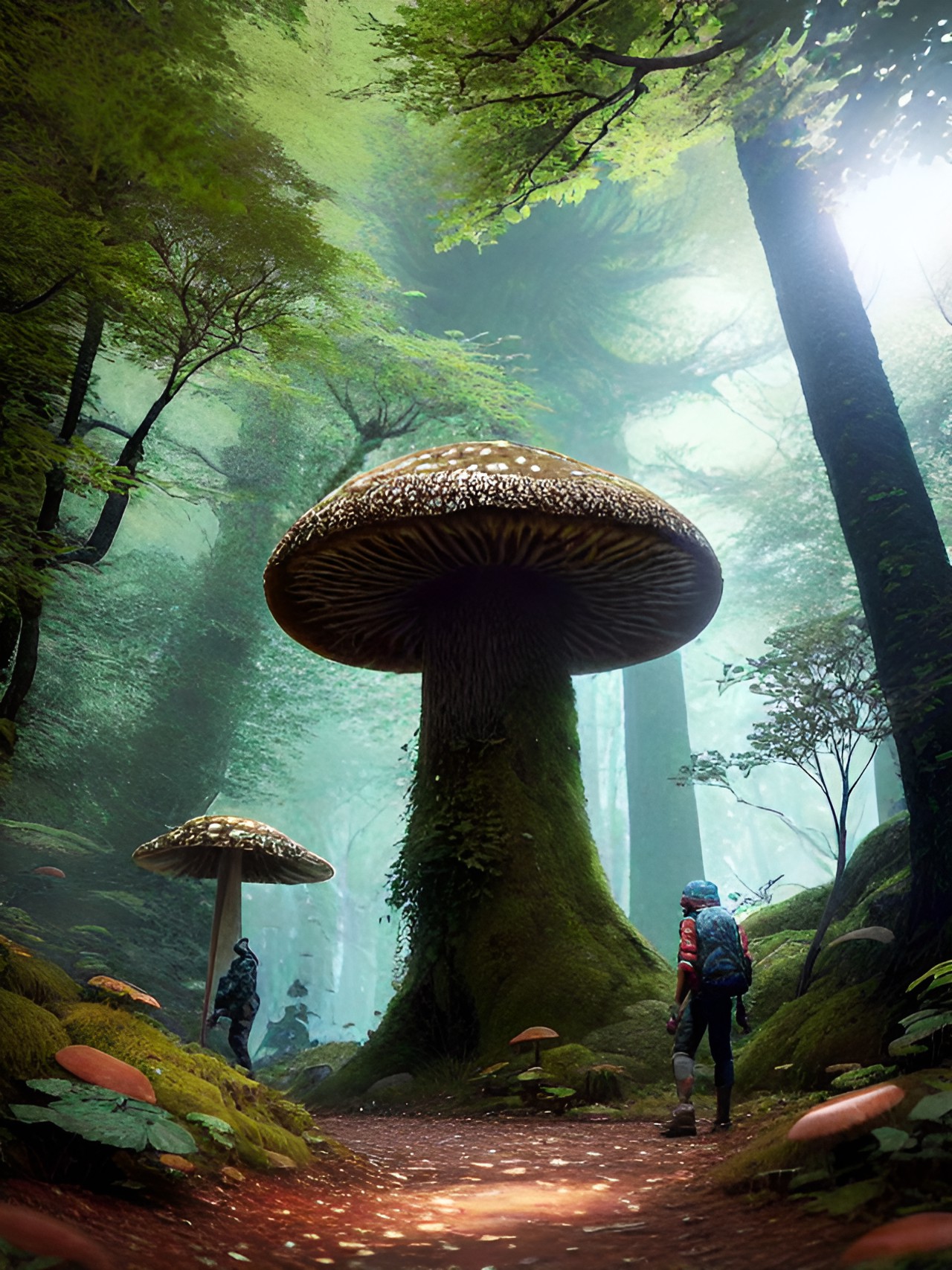 Mesozoic Hike - hikers encountering giant mushroom in lush forest preview