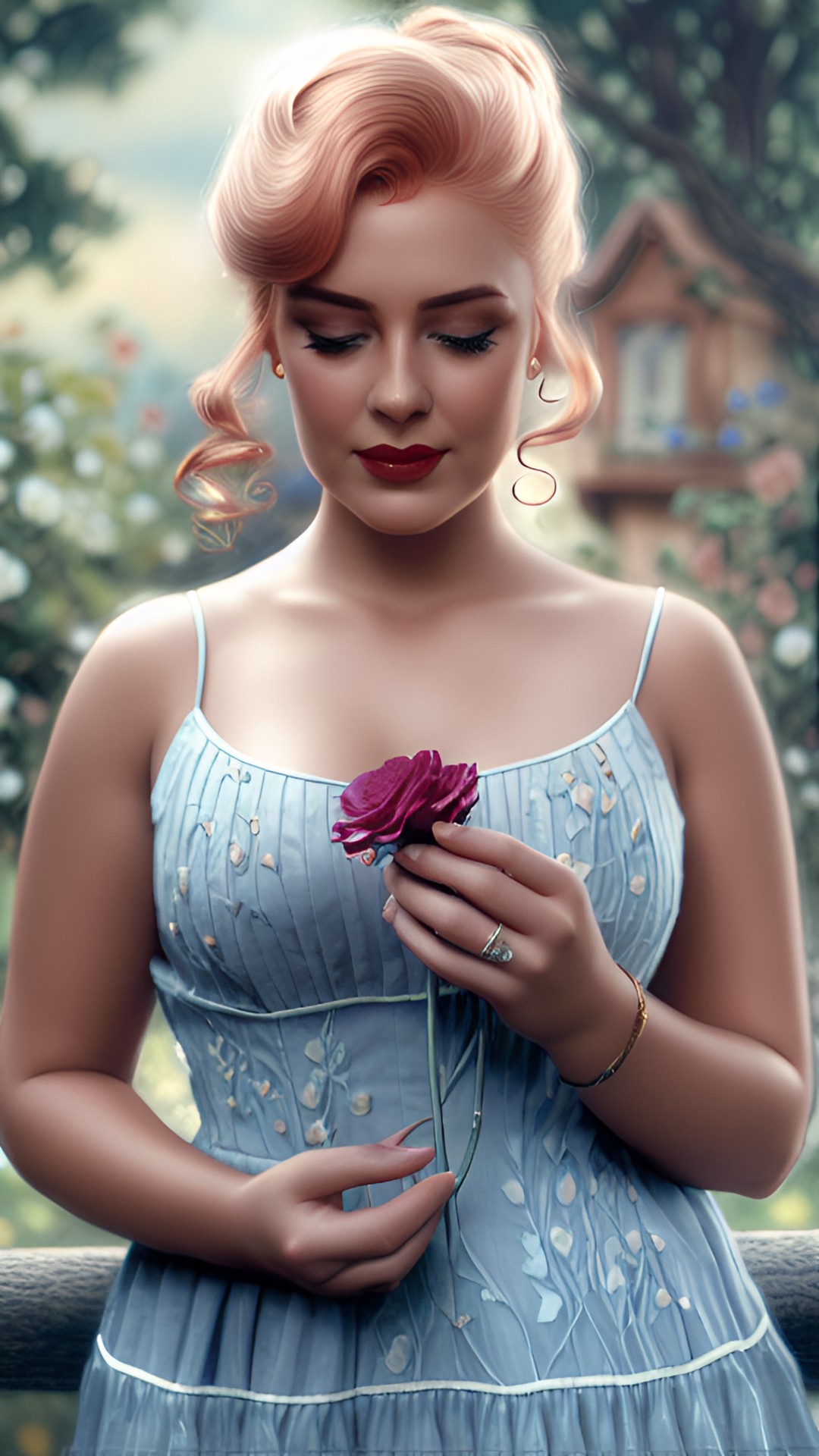 ✨🥀🧿👀🖤🤎💋💄👄🤎lovely lady w/ copper hair demure cottagecore maiden holding a flower high resolution intricately detailed high definition thomas kinkade 3d rendering surrealism print👄🤎💋💄👄🤎🖤🧿👀🥀✨ preview