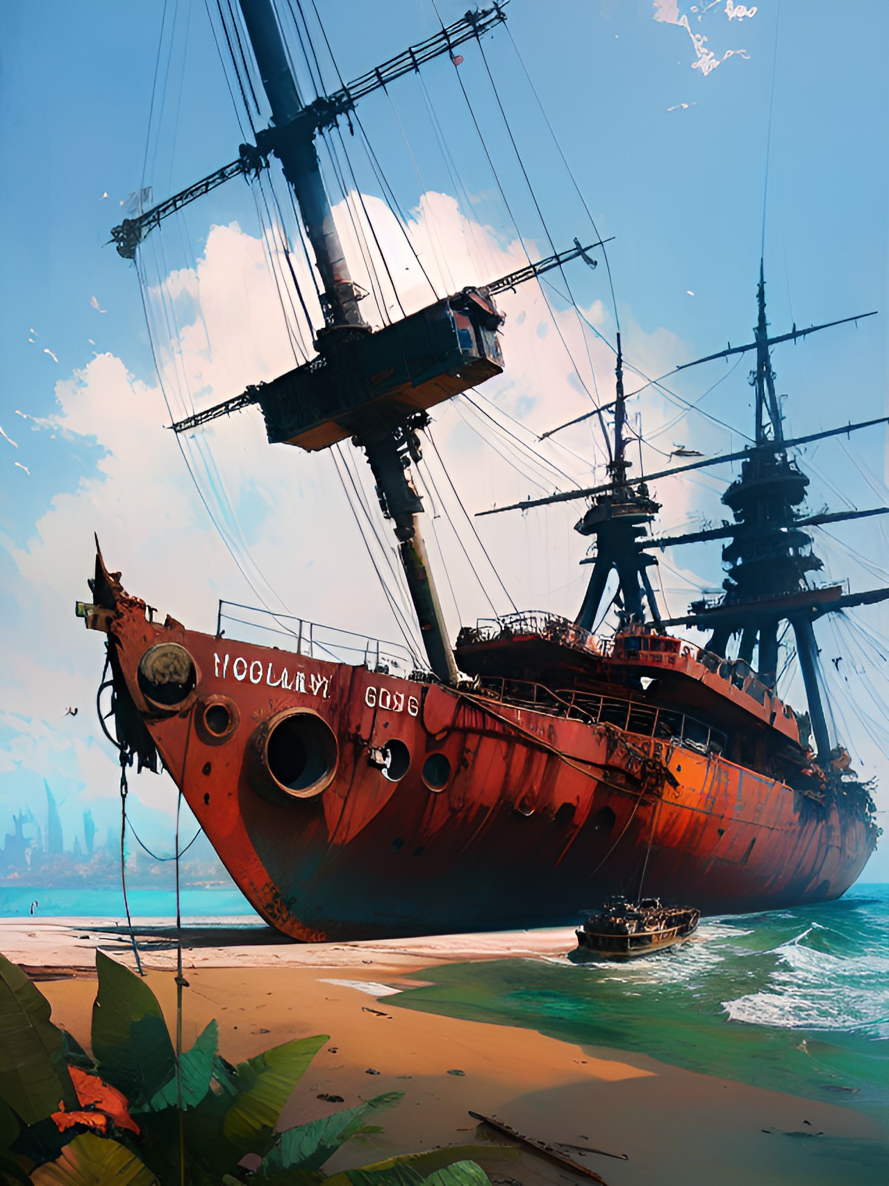 Ship Graveyard - rusty moored ship on tropical coast preview