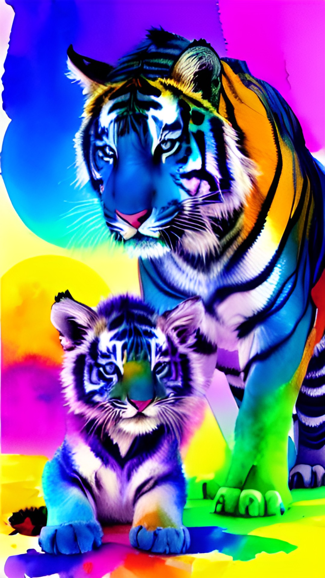 water color tigers - blue tiger with her baby's preview