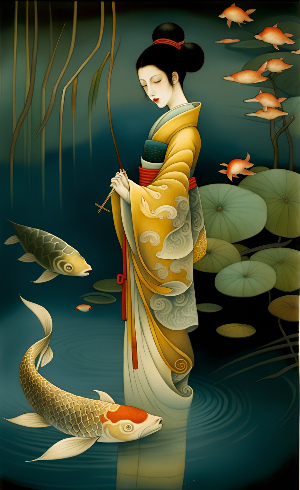 japanesse woman near pond with a koi, bill carman preview