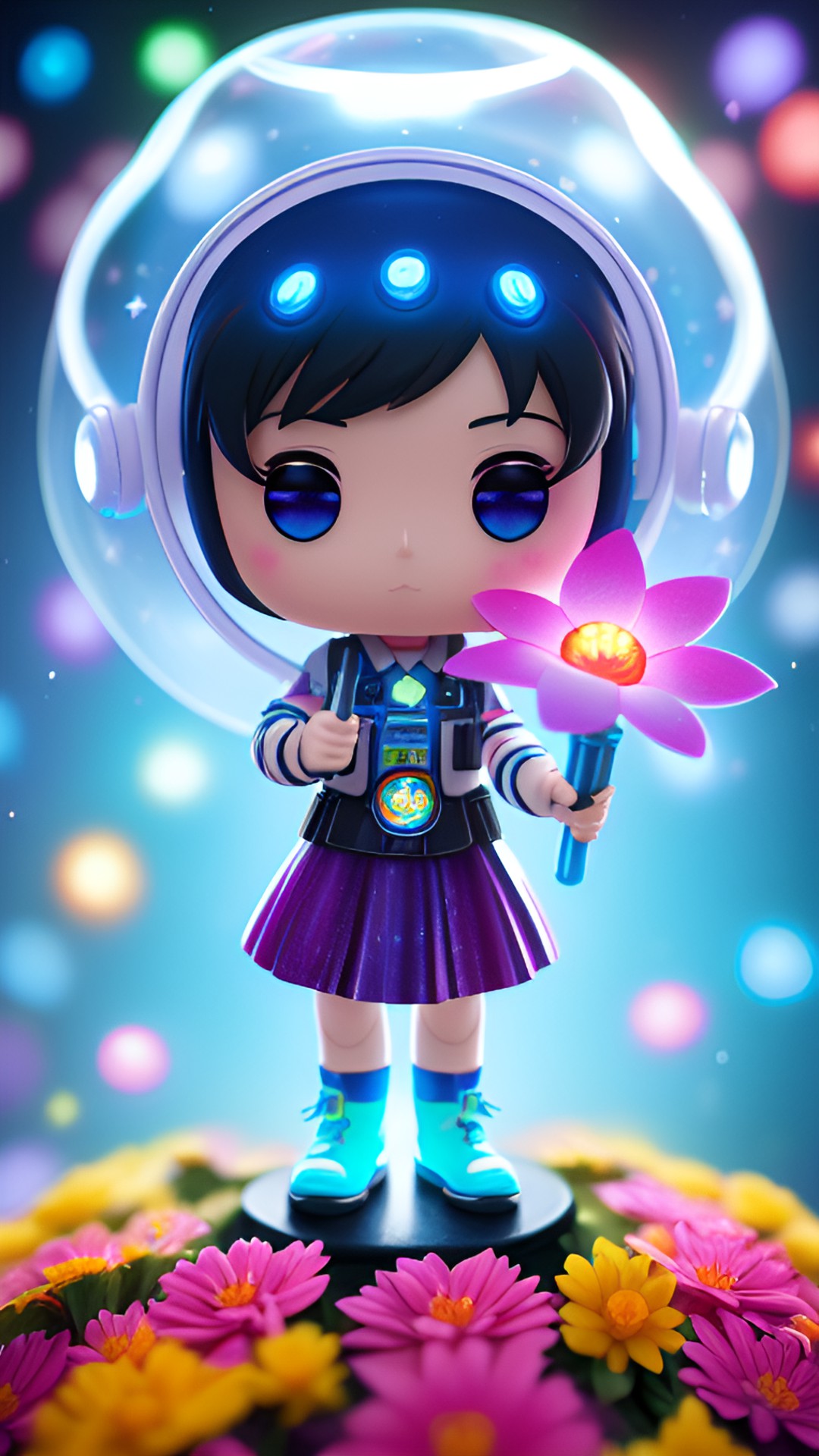 cosmic flower, depth of field, bioluminescence, funky pop, chibi preview