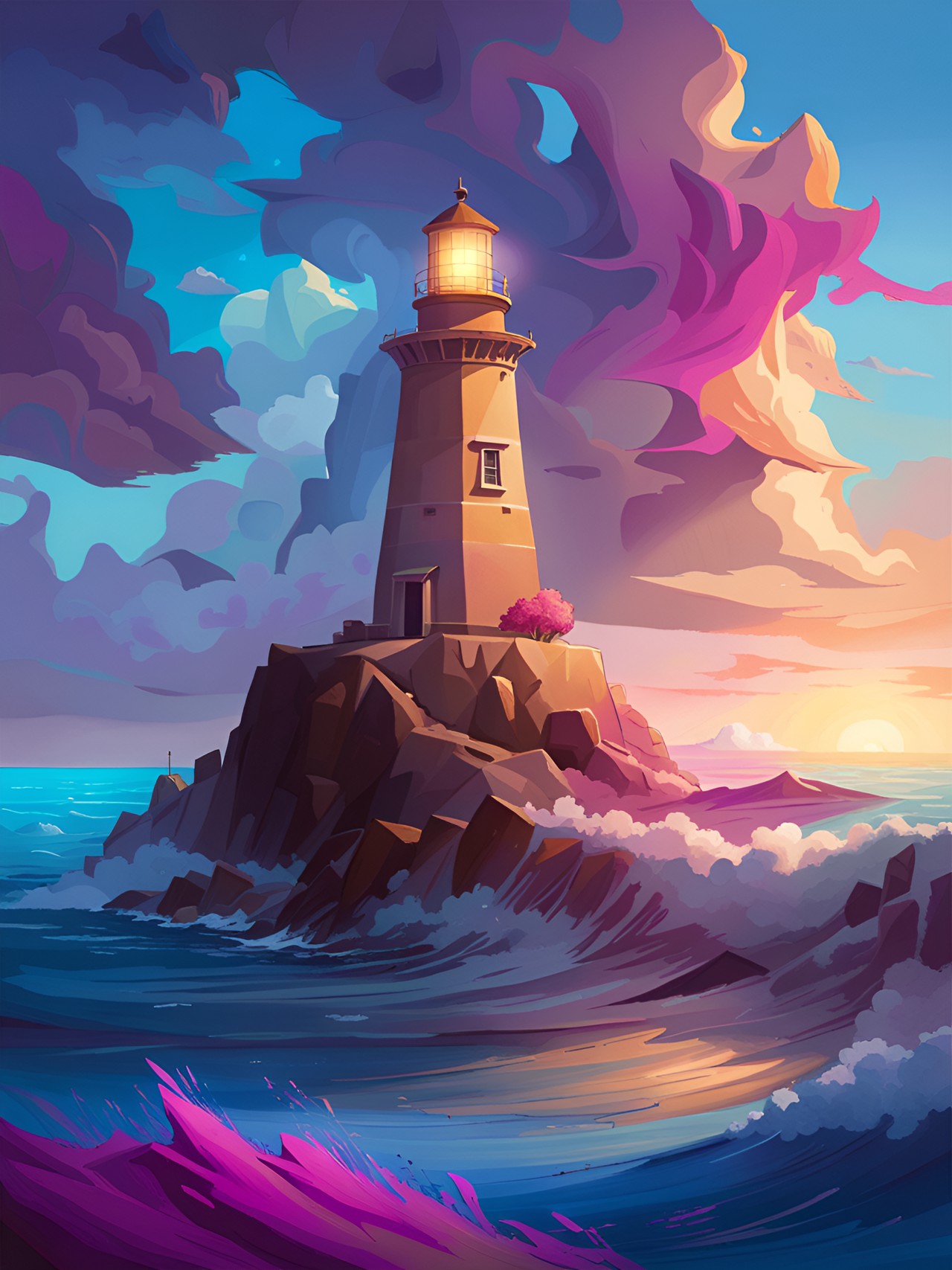 Light Up - claymotiom lighthouse in the middle of the sea, the sea has waves of blue and light blue and sepia, the lighthouse is brown with a fuchsia roof and illuminates and illuminates from the left and right sides, in the background there are a kind of clouds of various colors, there are stars too preview