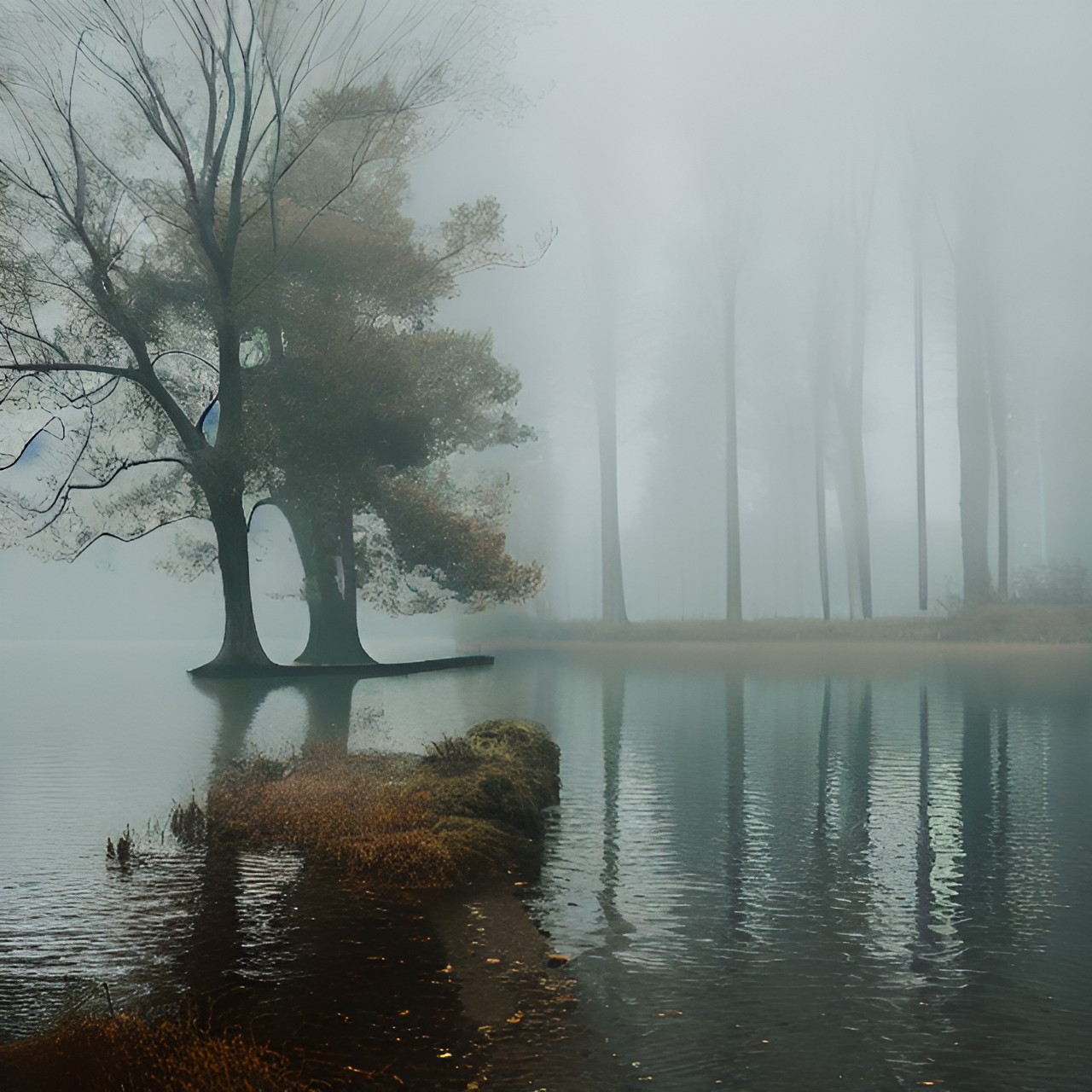 foggy lake, pebbels, tree, man, elizabeth gadd preview