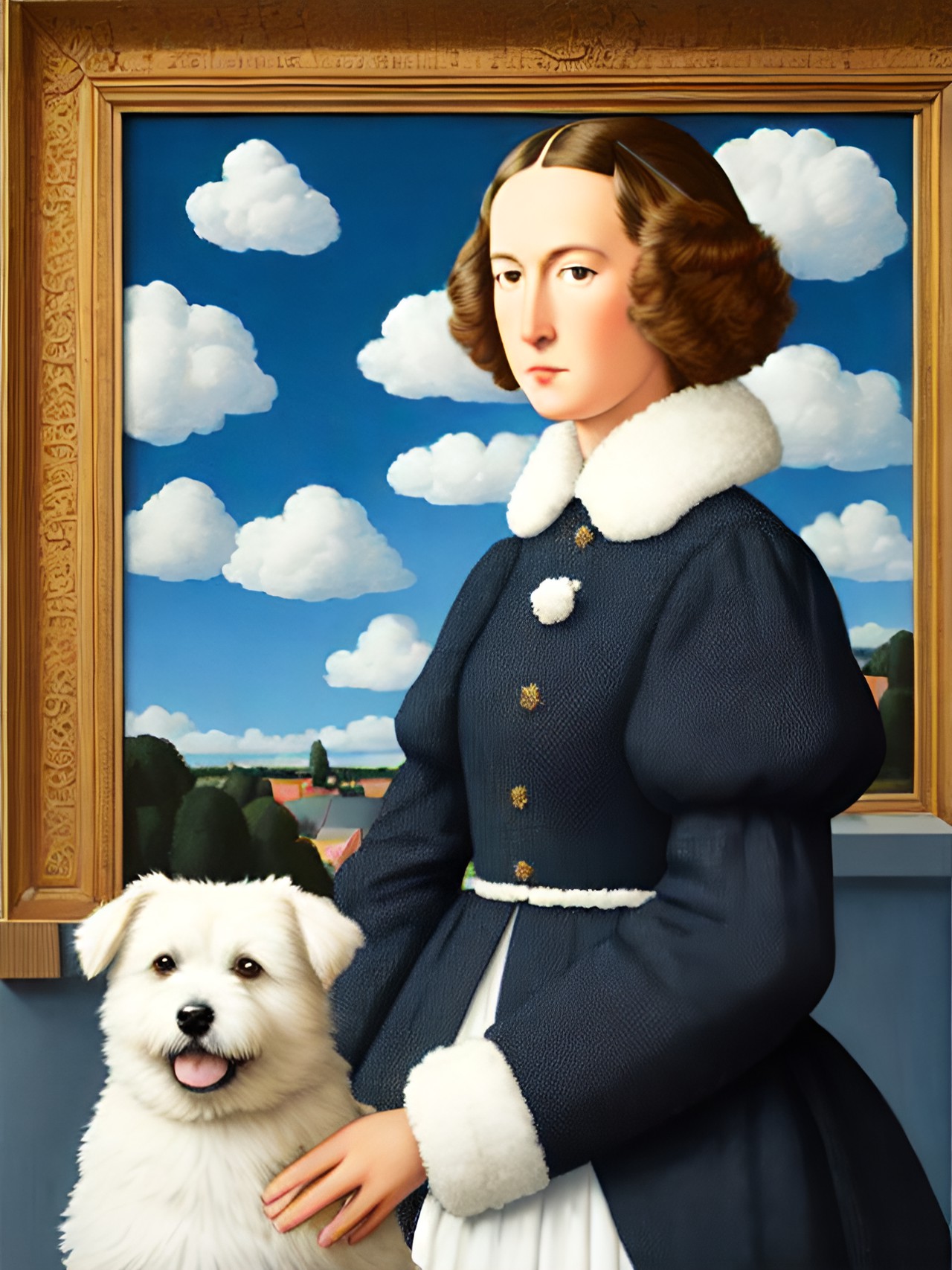 Woman with Dog - van everdingen, magritte woman with fluffy dog, clouds background preview