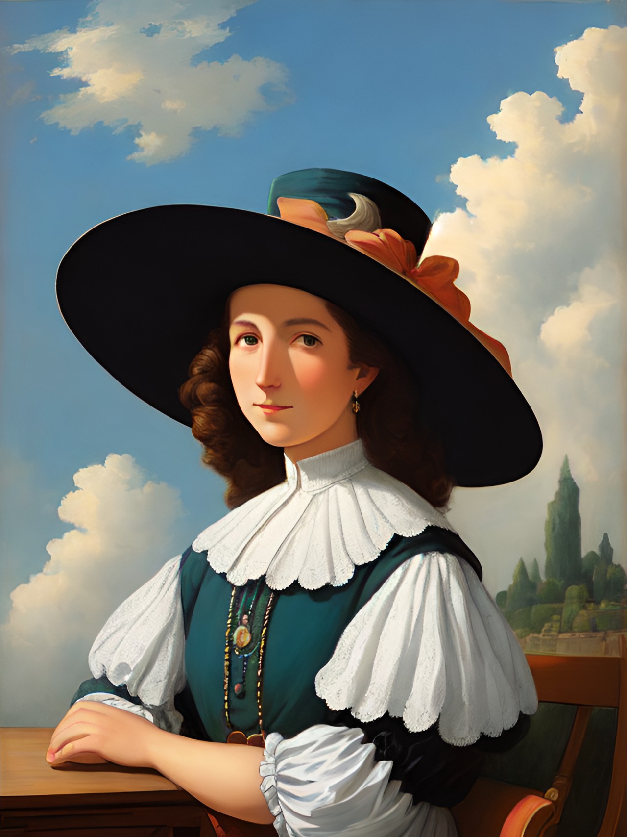 Van Everdingen based - van everdingen, woman with very wide hat, clouds background preview