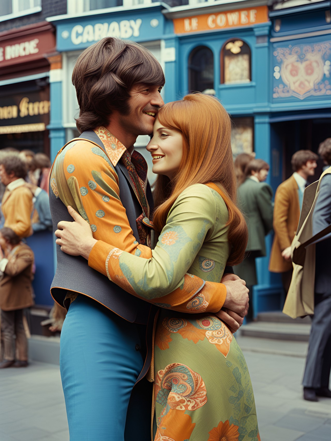 1967 - summer of love 1967, carnaby street, a couple of hippies hugging each other preview