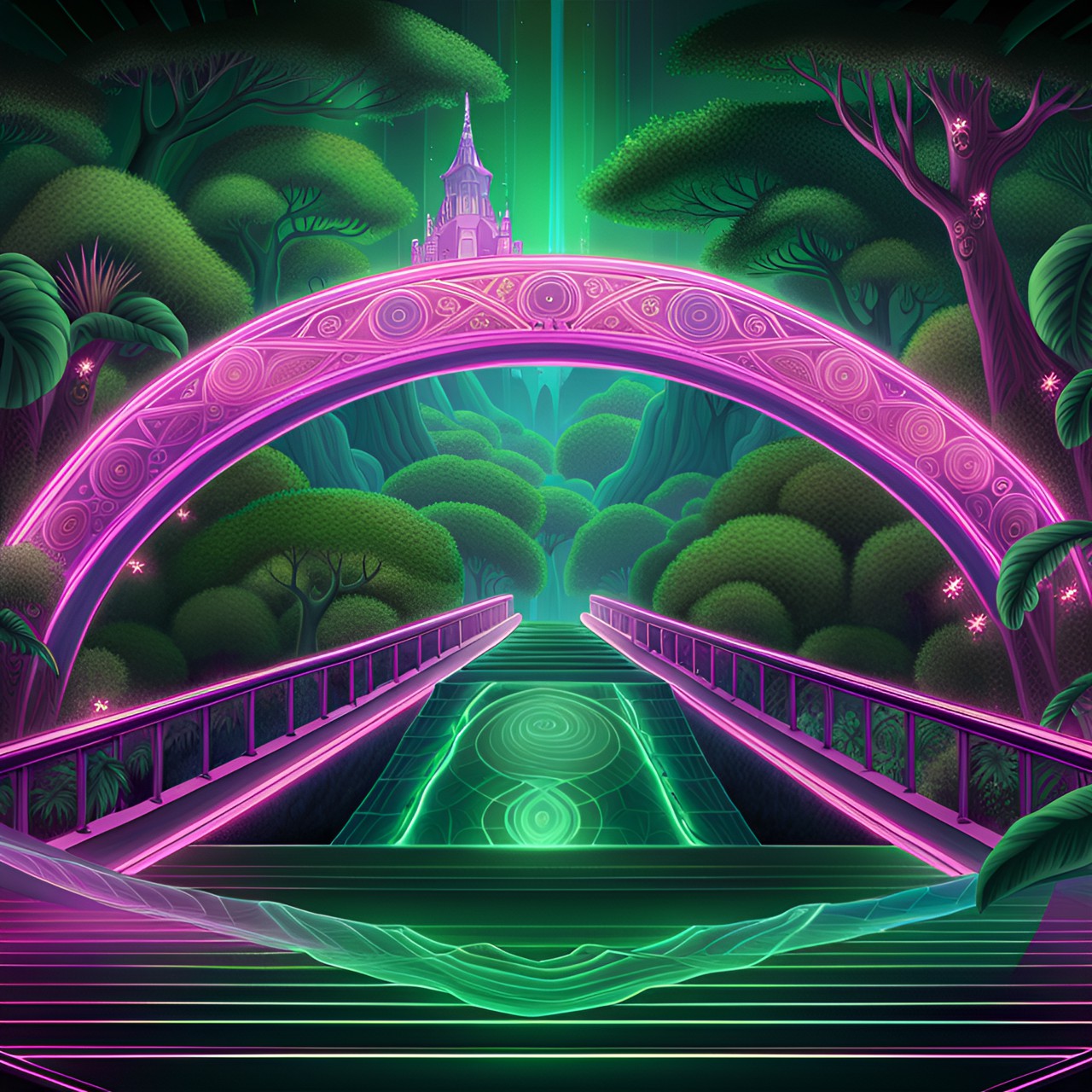 animation background, rainforest, malachite, quetzalcoatl, bridges, strangler figs, market place, pink, fairies - a lush, green rainforest with malachite trees, quetzalcoatl birds, and bridges made of preview