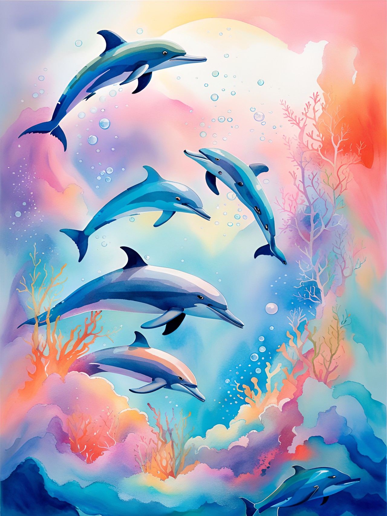 lush coral and vivid marine life, dolphins bubble rise up from the ocean, iridescent - preview