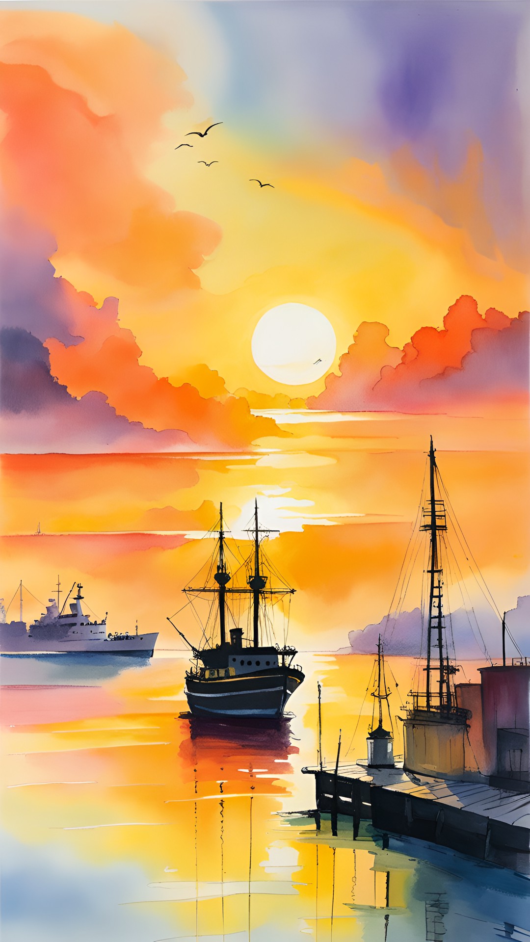 ship docked at port in a yellow, orange sunset preview