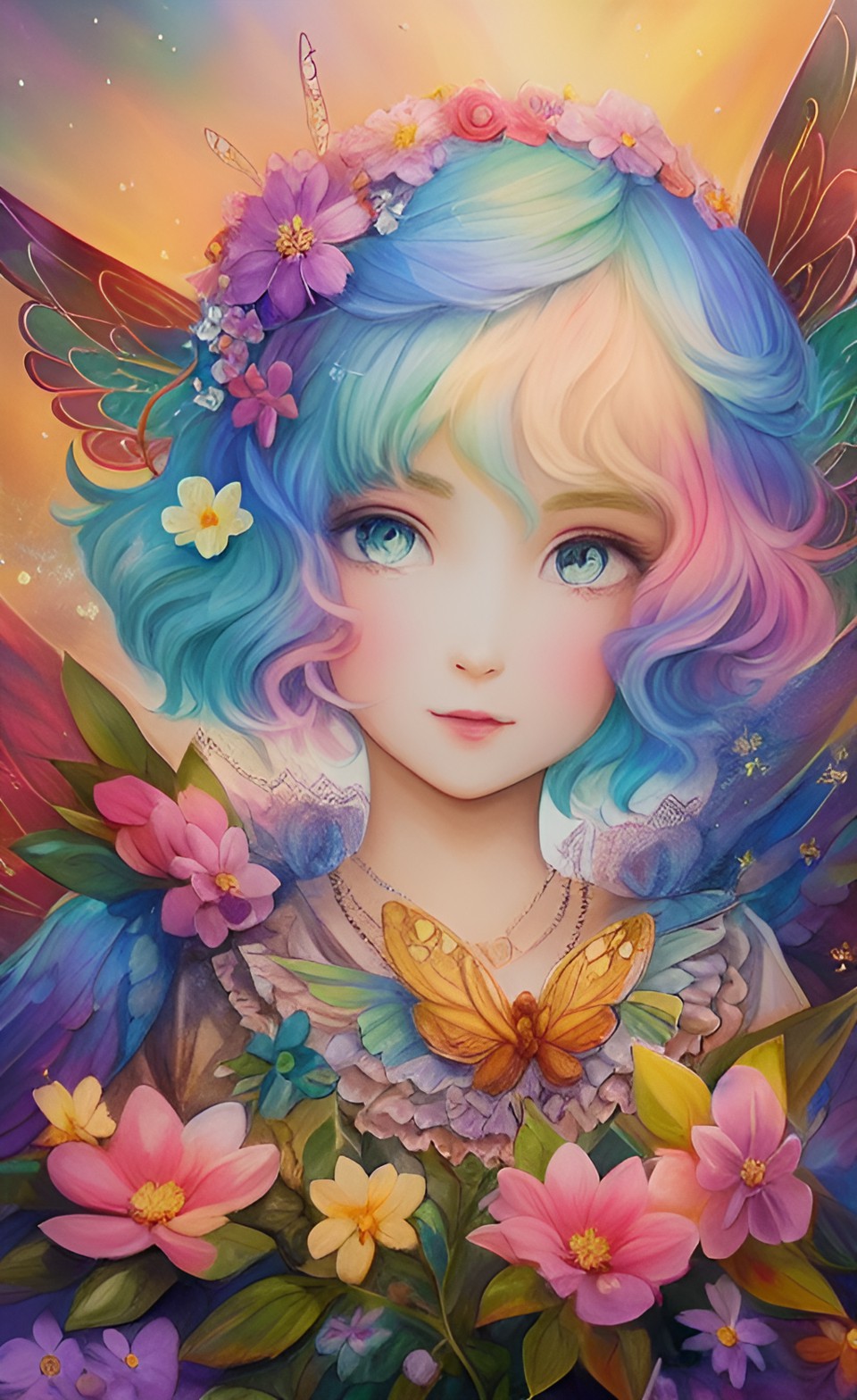 flower fairy  - a flower fairy with delicate wings and a crown of flowers. she has a kind face and looks like she would be gentle and caring. preview