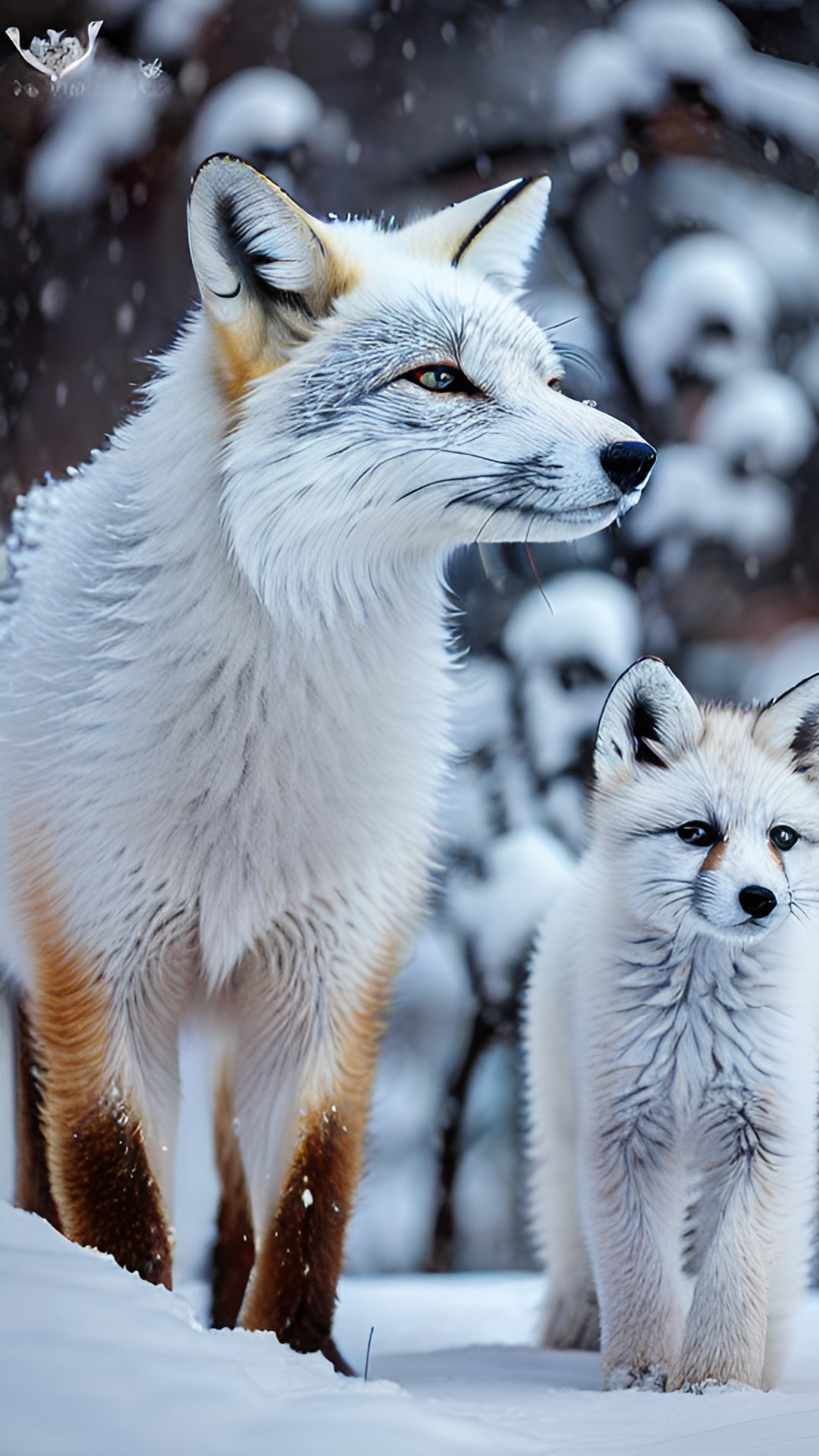 actic foxes - artic fox in the snow looking at her baby preview