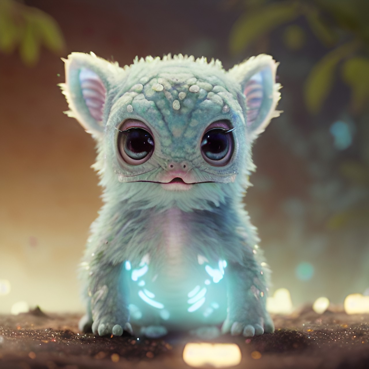 baby alien animal, turquoise himalayan salt, cute, $3d$ surrounded by fireflies, highly detailed, artstation,  focus, soft lightness, closeup preview