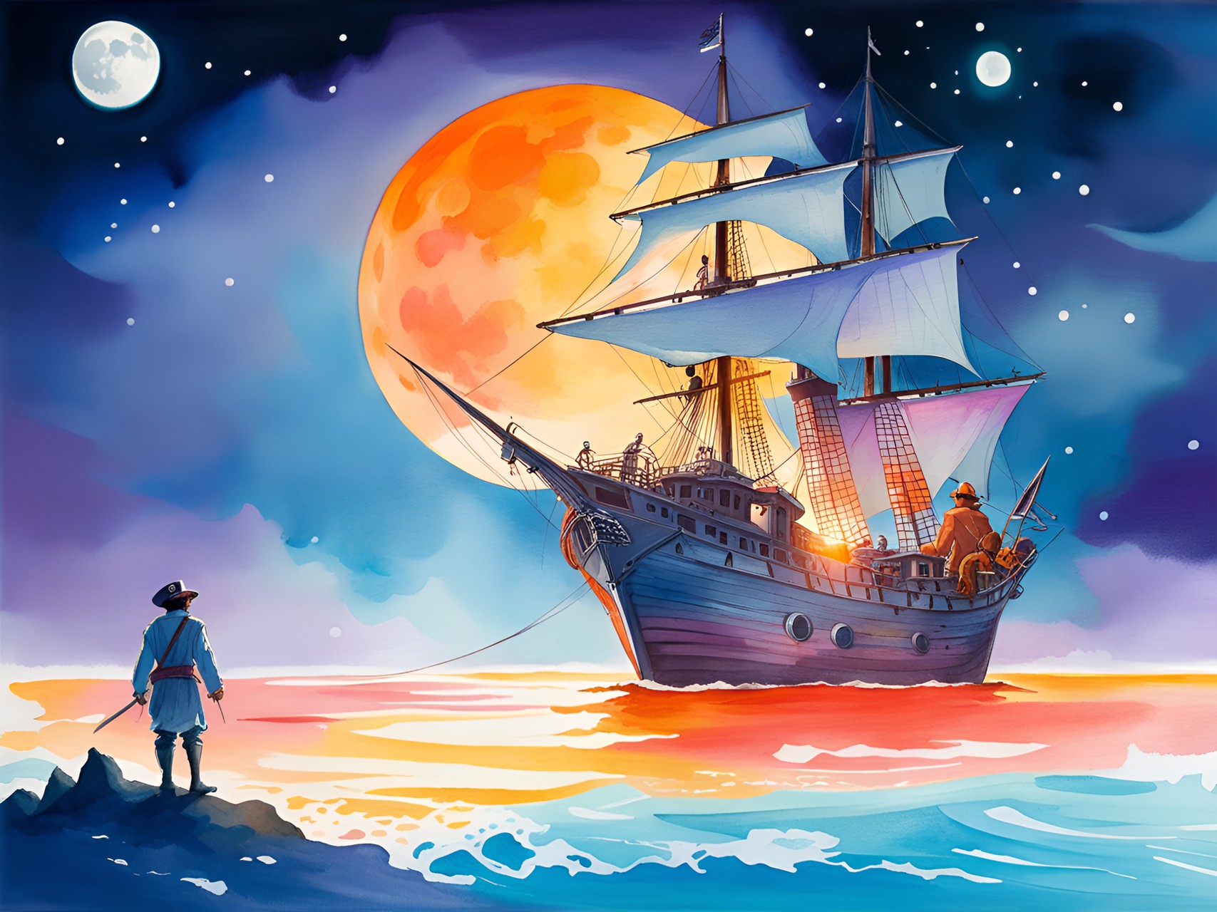 ghost pirate captain, giant glowing kraken, full orange moon, midnight beach preview