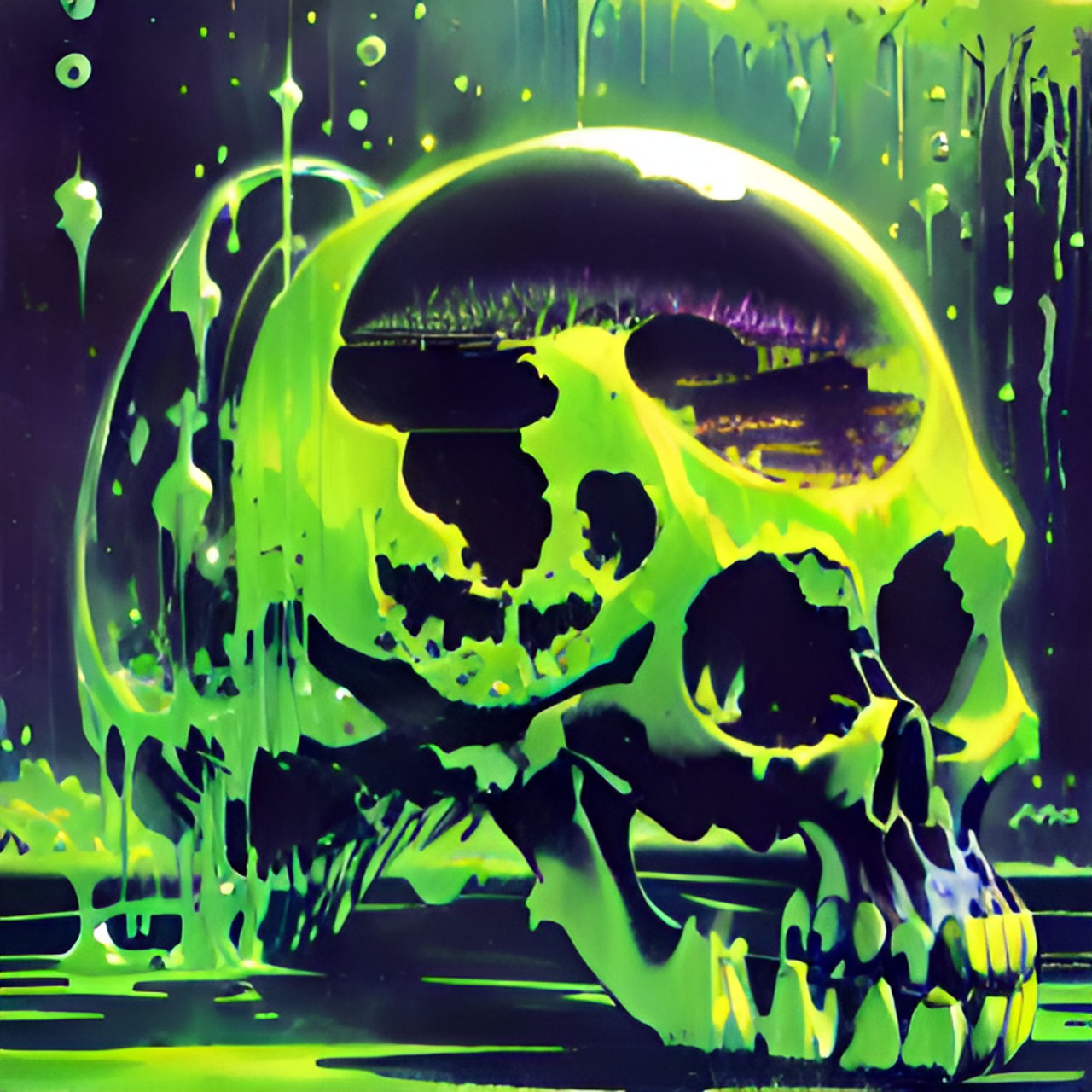 a banana skull floating in green ooze in a dark gloomy laboratory preview