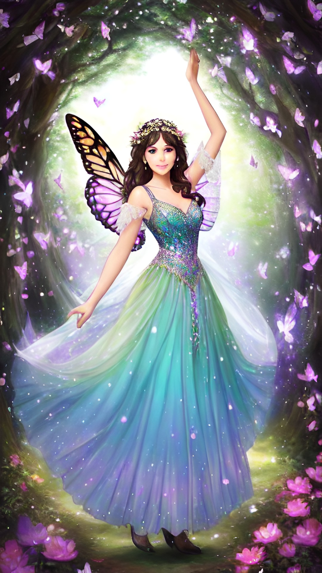 elegant fae - gracefully dancing in a magical woodland, her shimmering butterfly wings adorned with delicate petals and her flowing gown glistening with dewdrops - preview