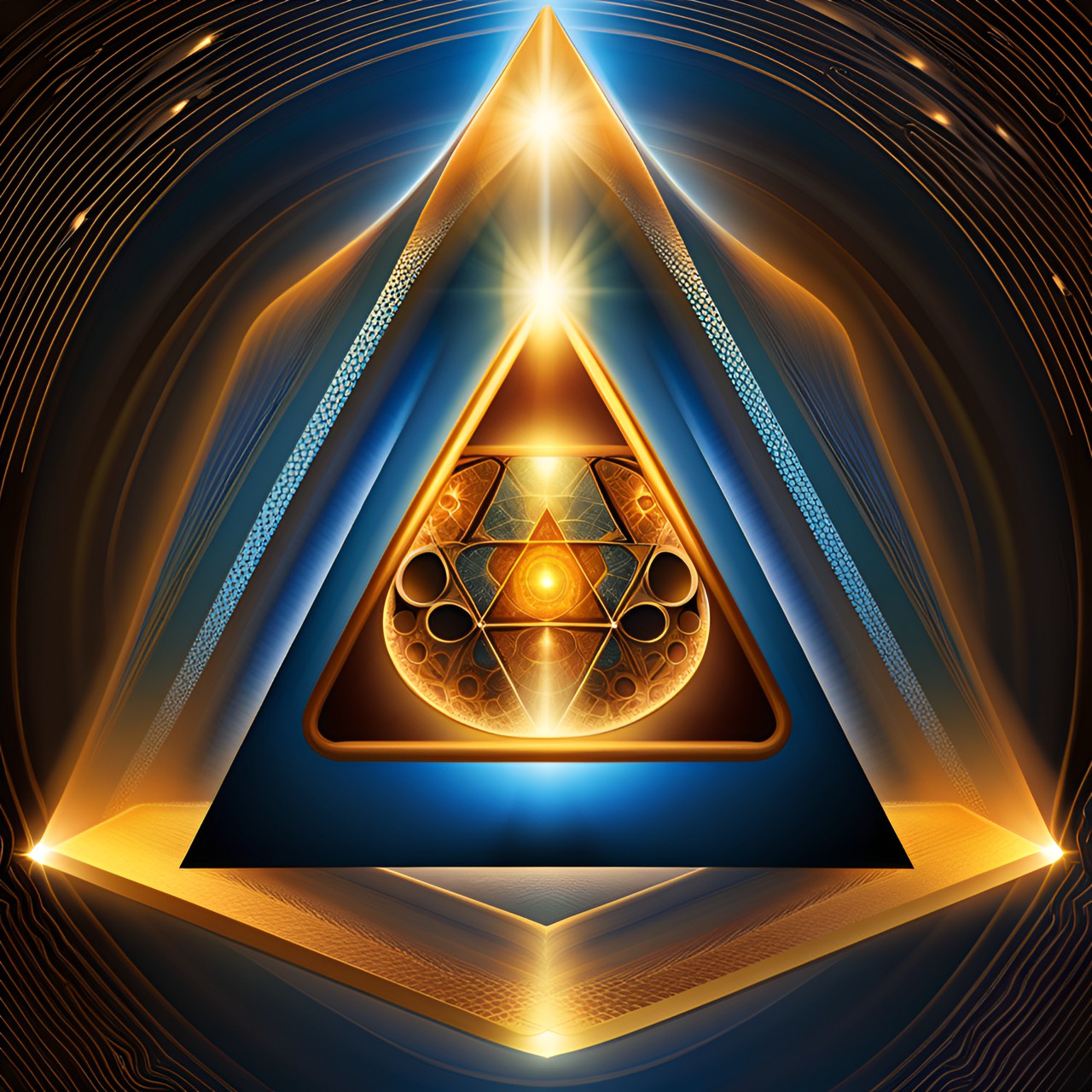 sacred geometry holy trinity - a three-dimensional image of a perfect sacred geometry triangle, with light shining down from above. preview