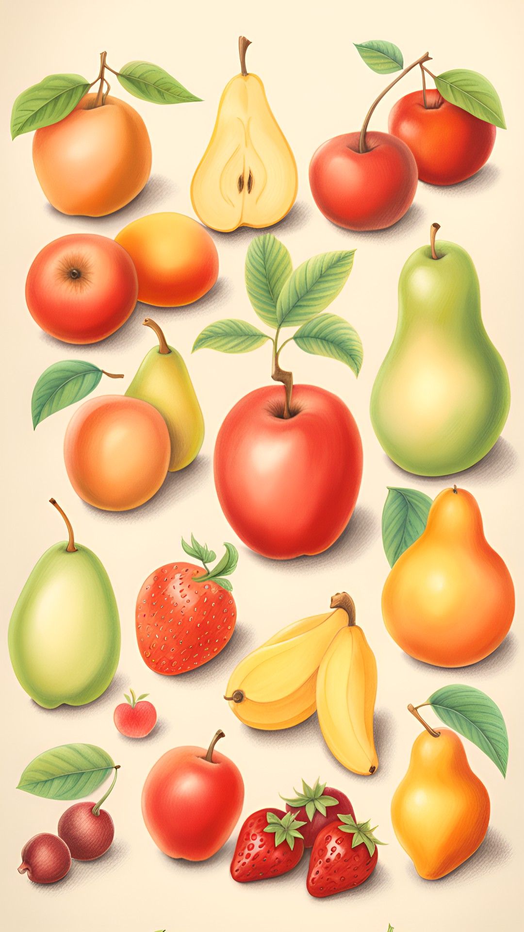 simple colored pencil drawing of apples pears strawberries cherries peaches apricots mangoes bananas pineapples preview