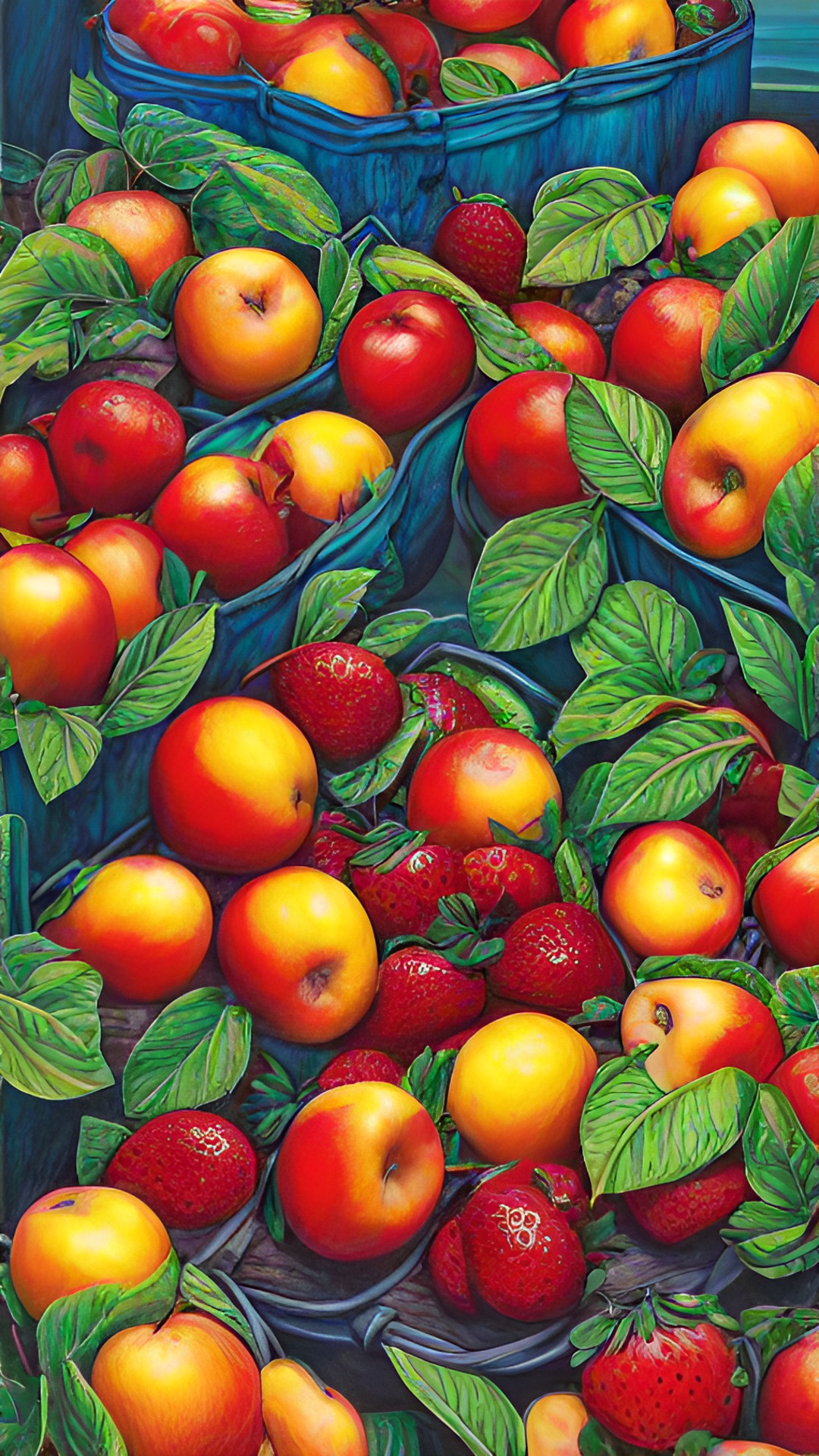 simple colored pencil drawing of apples pears strawberries cherries peaches apricots mangoes bananas pineapples preview