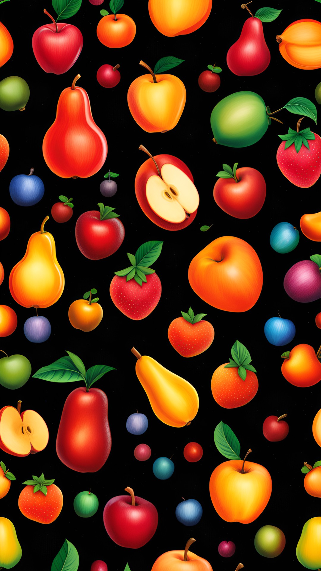 simple colored pencil drawing of apples pears strawberries cherries peaches apricots mangoes bananas pineapples preview