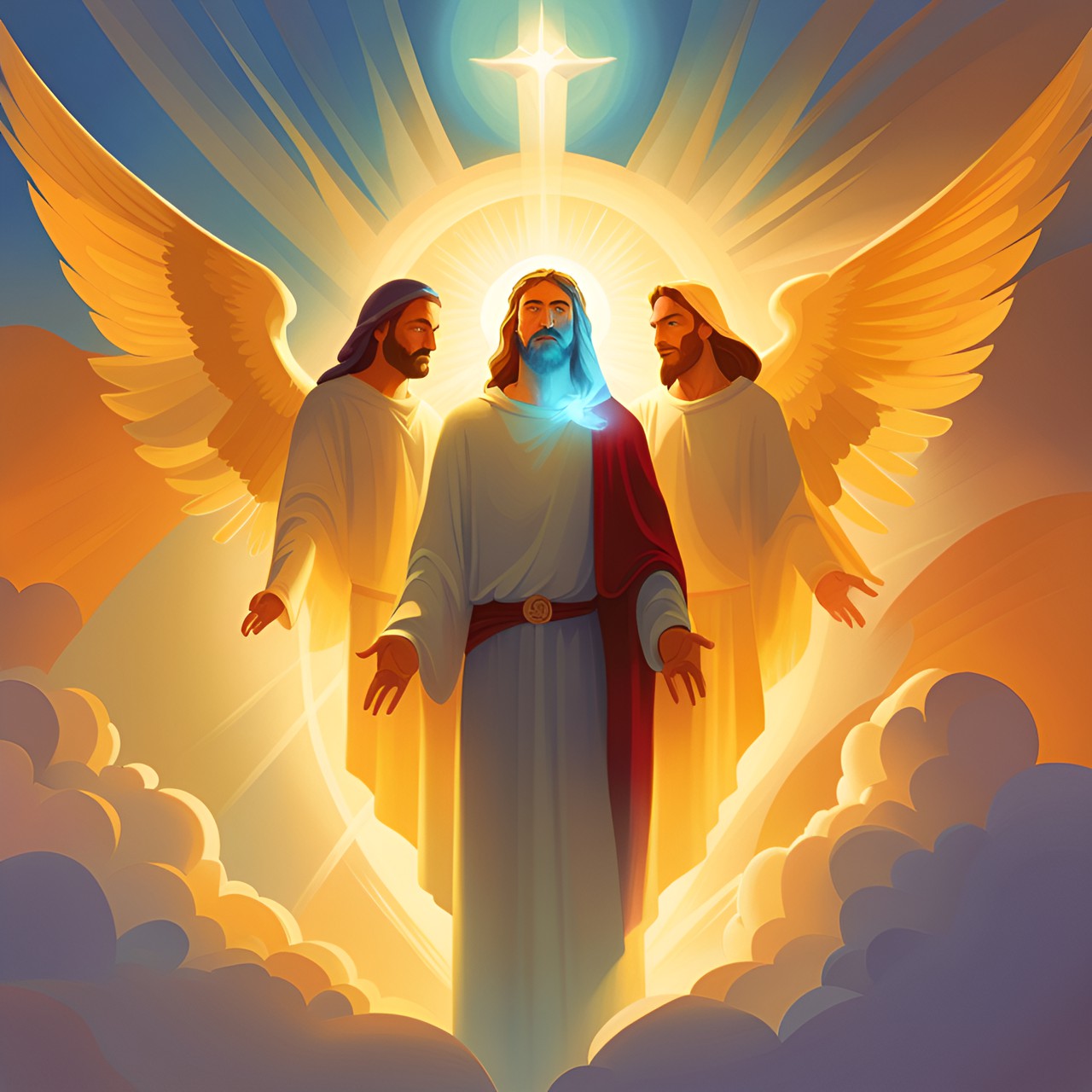 the three figures of the holy trinity are represented as a father, a son, and a holy spirit. they are often shown with wings, and they may be surrounded by a halo of light. preview