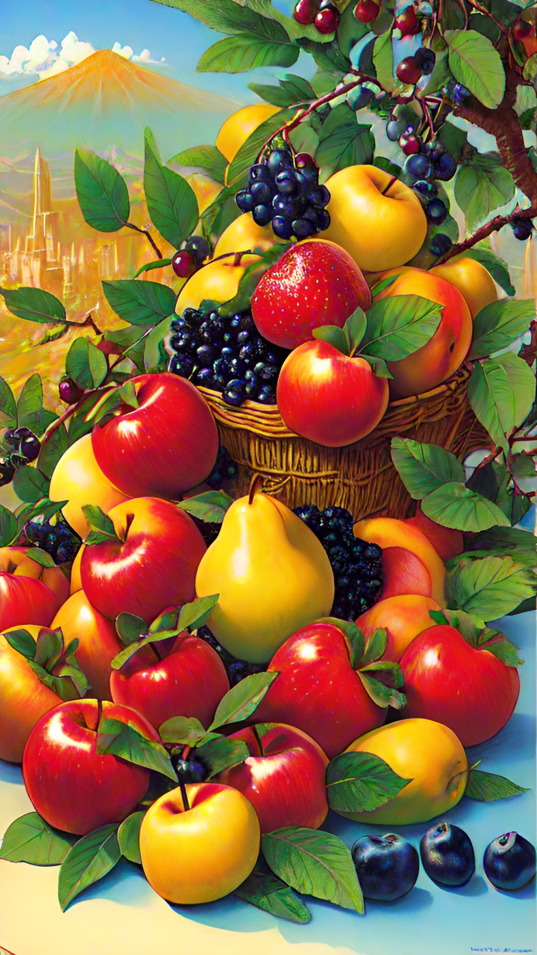 simple colored pencil drawing, a cascade of fruits: apples pears strawberries cherries peaches plums blueberries apricots mangoes bananas pineapples preview