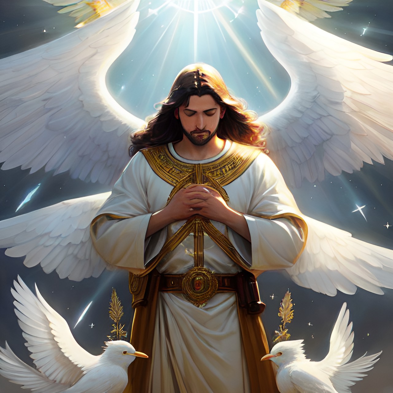 the three figures of the holy trinity are represented as a father, a son, and a holy spirit. they are often shown with wings, and they may be surrounded by a halo of light. preview