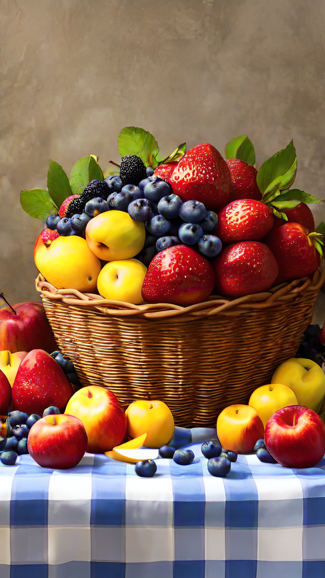 still life of basket overflowing with fruit on a rough rustic table top with blue checked cotton tablecloth, fruits: apples pears strawberries cherries peaches plums blueberries apricots mangoes bananas pineapples preview