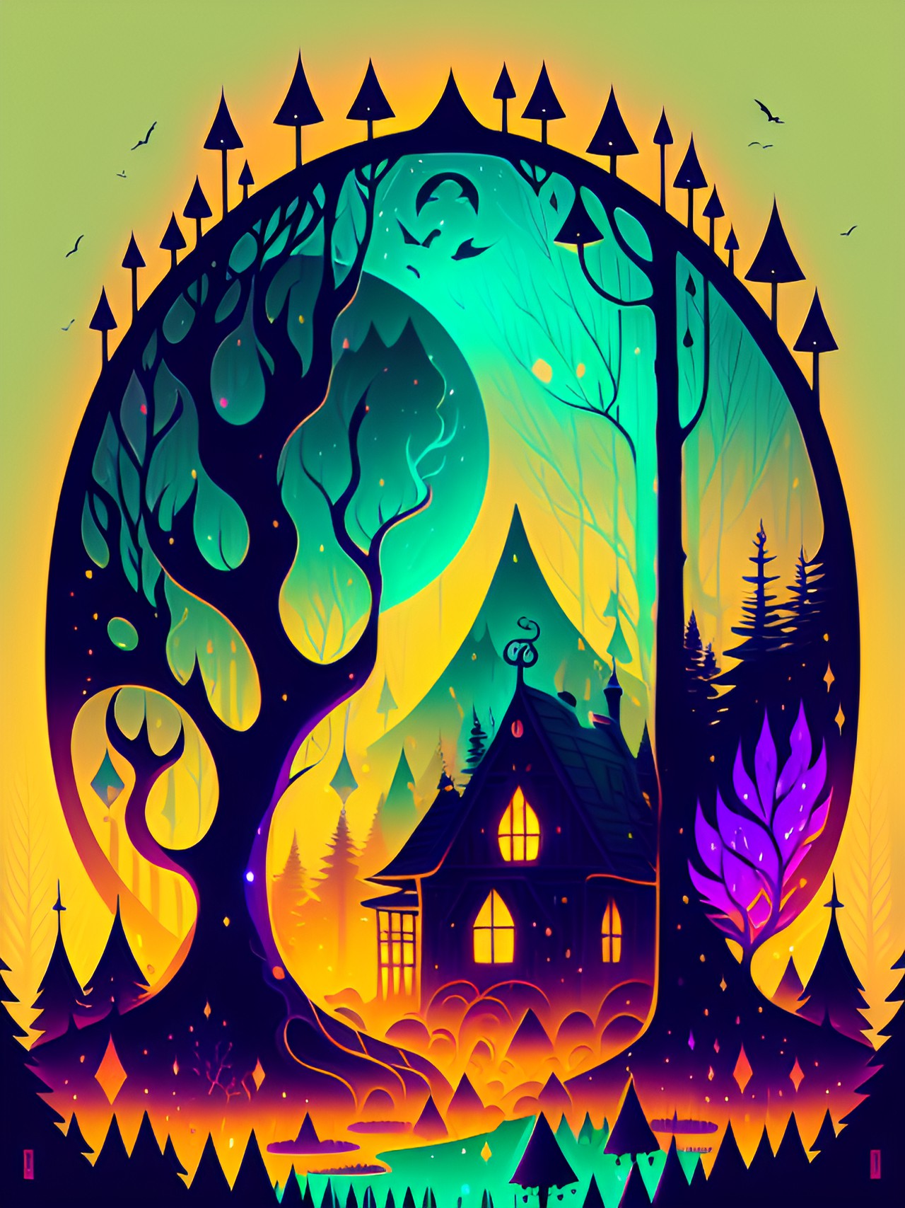 Grandma’s House - haunted forest, fantasy art, gossamer, serene, crepuscule, twilight, vapor, mysterious, ethereal, ominous, flickering light preview