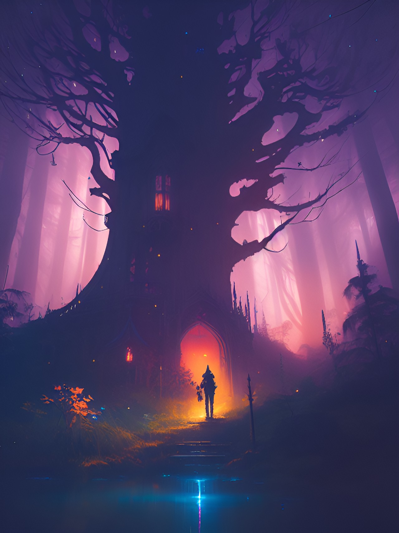 Twilight Home - haunted forest, fantasy art, gossamer, serene, crepuscule, twilight, vapor, mysterious, ethereal, ominous, flickering light preview