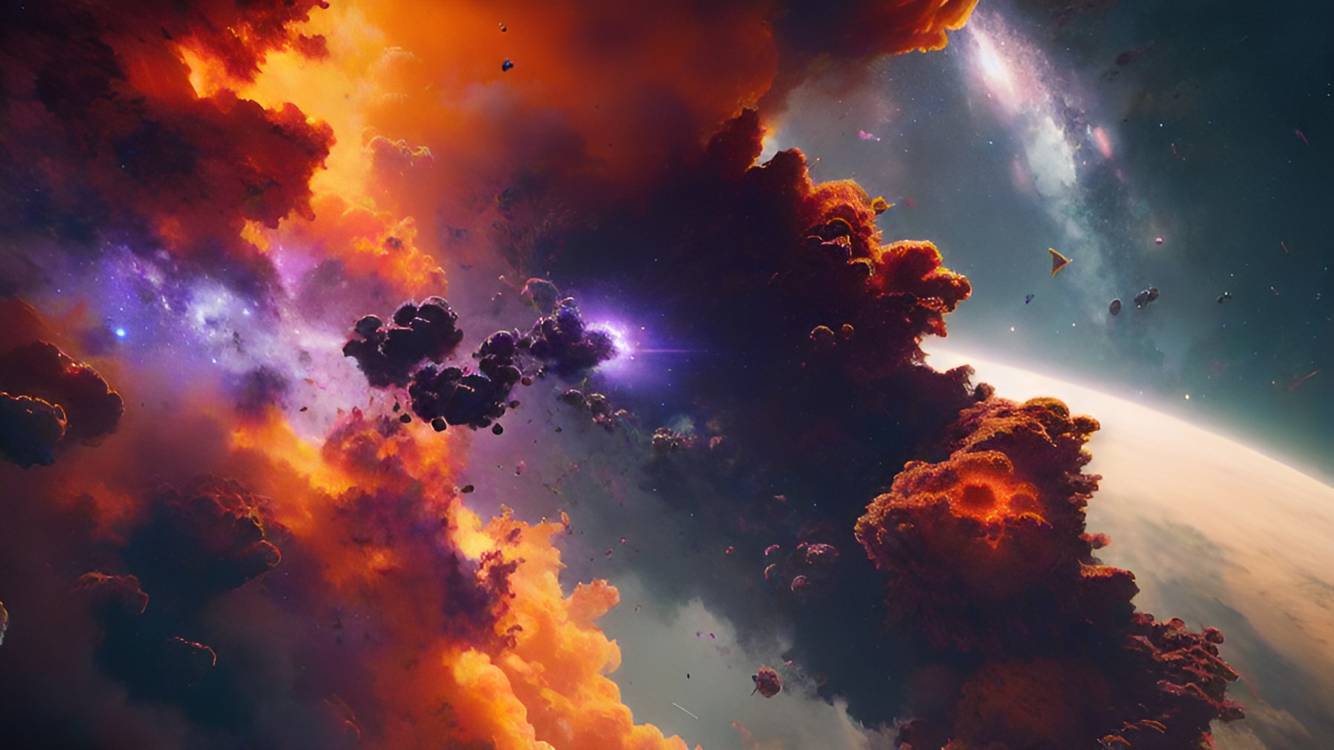 orange and purple and black nebulas in deep space, rtx preview