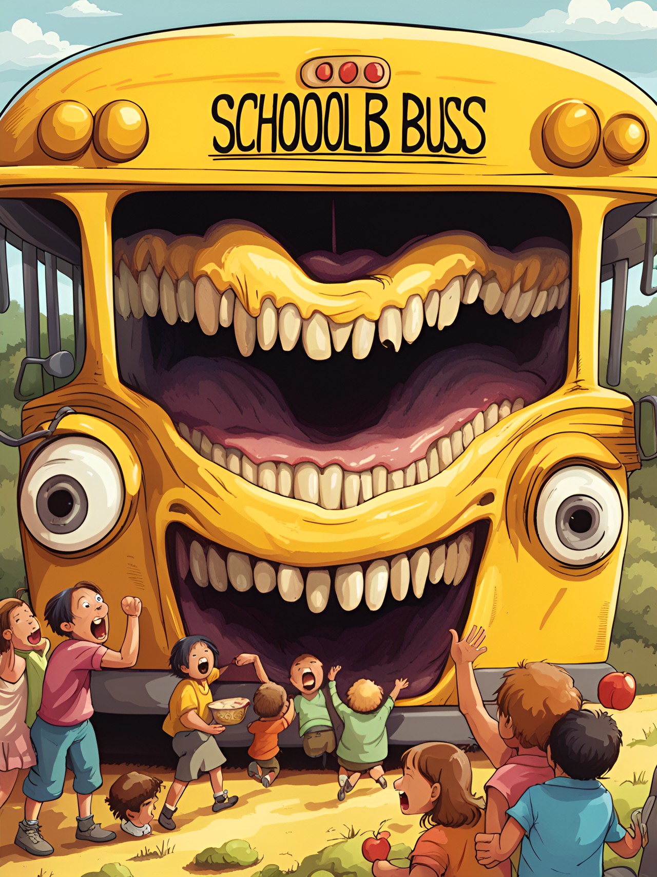 school bus with enormous toothsome mouth preparing to eat some children preview