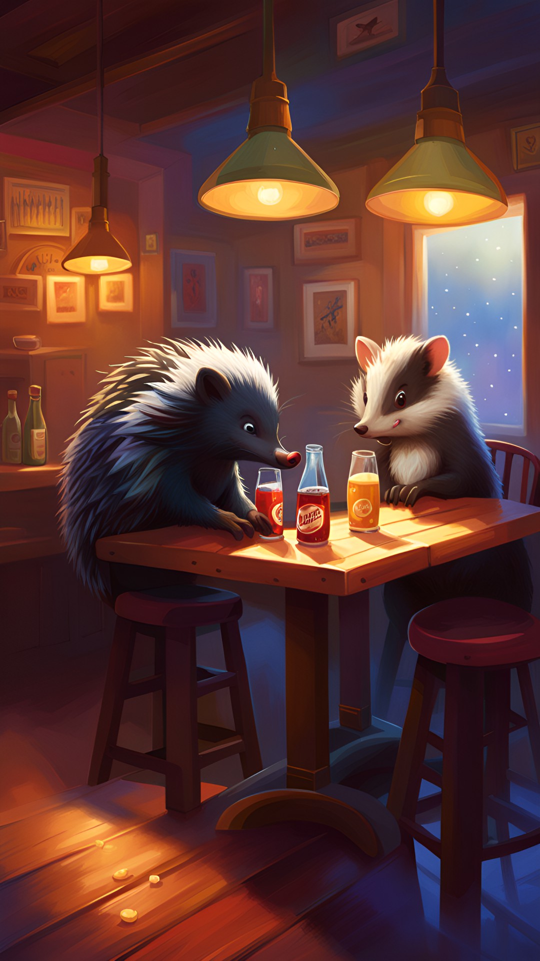 a hedgehog, a skunk and a rabbit drink cola together at a table in a bar preview