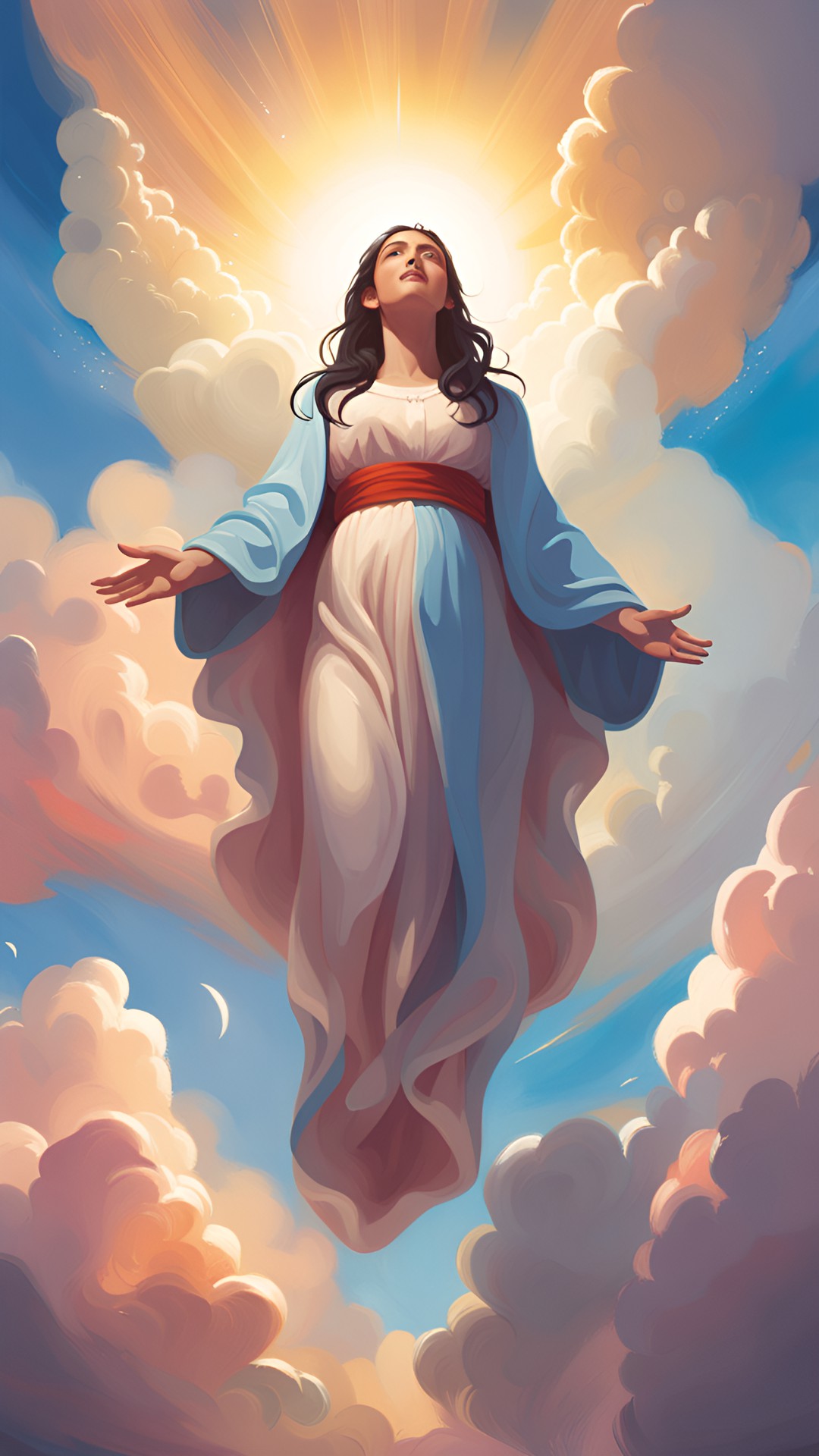 the virgin mary with dark hair ascended to heaven, on the clouds, highly detailed, fantasy art preview