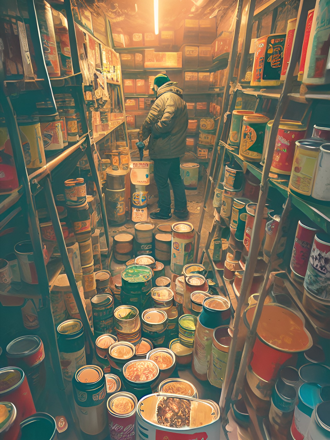 Apocalyptic Prepper - canned foods in underground cellar. preview