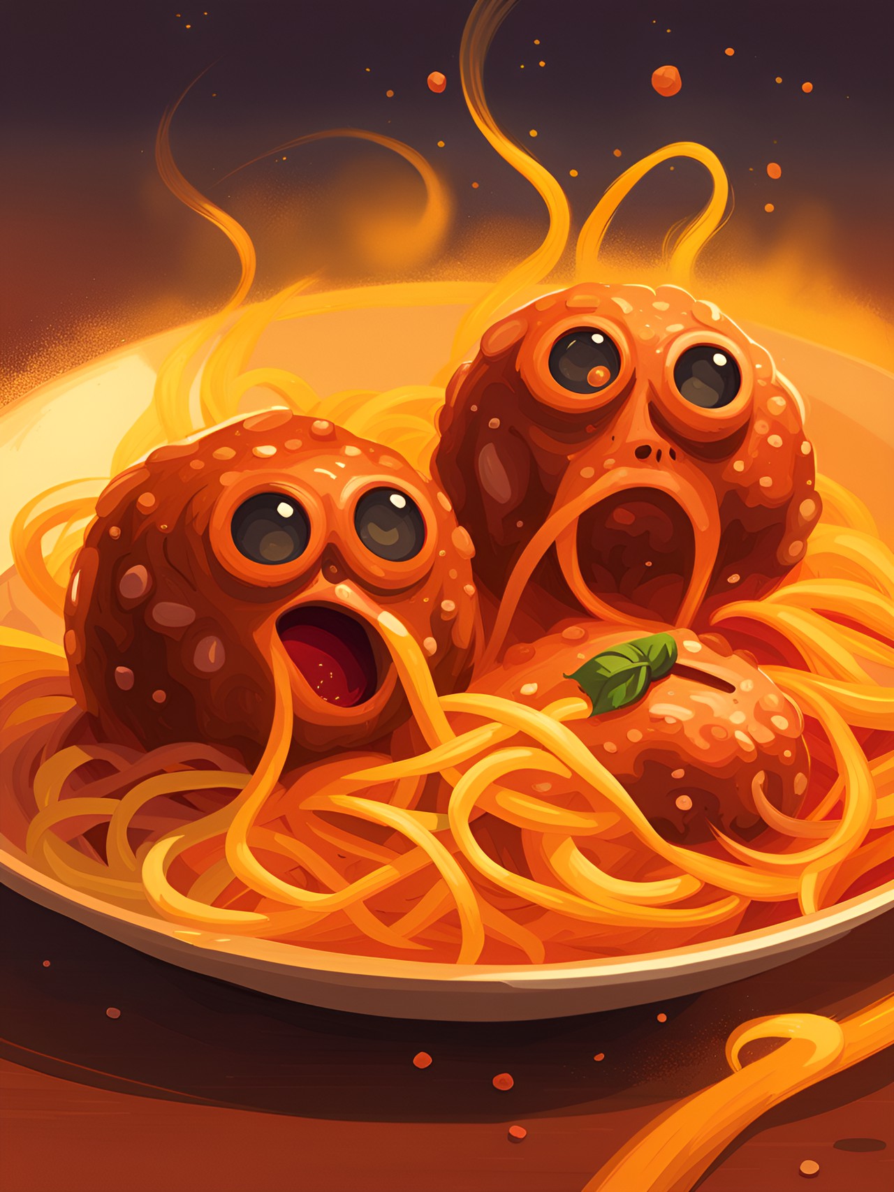 2 meatballs with eyes , spaghetti noodles in a bloody worming orangish yellow sauce preview