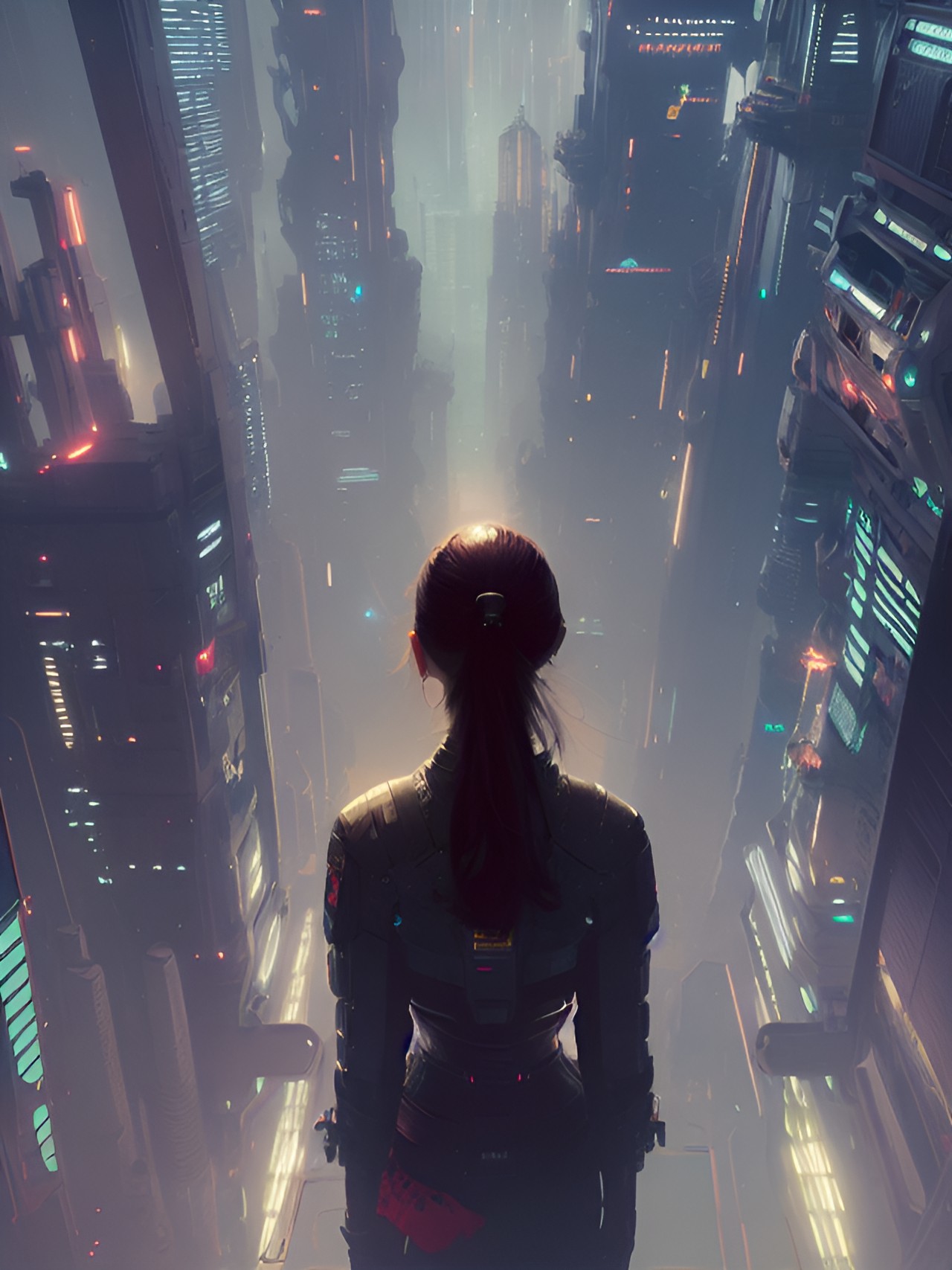 Futuristic Twilight - sultry woman standing above futuristic city preview