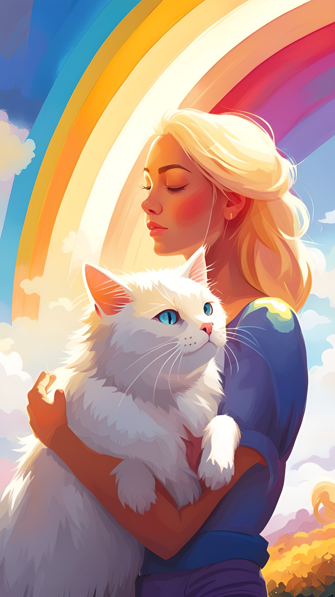 blonde woman kissing a white fluffy cat by a rainbow preview