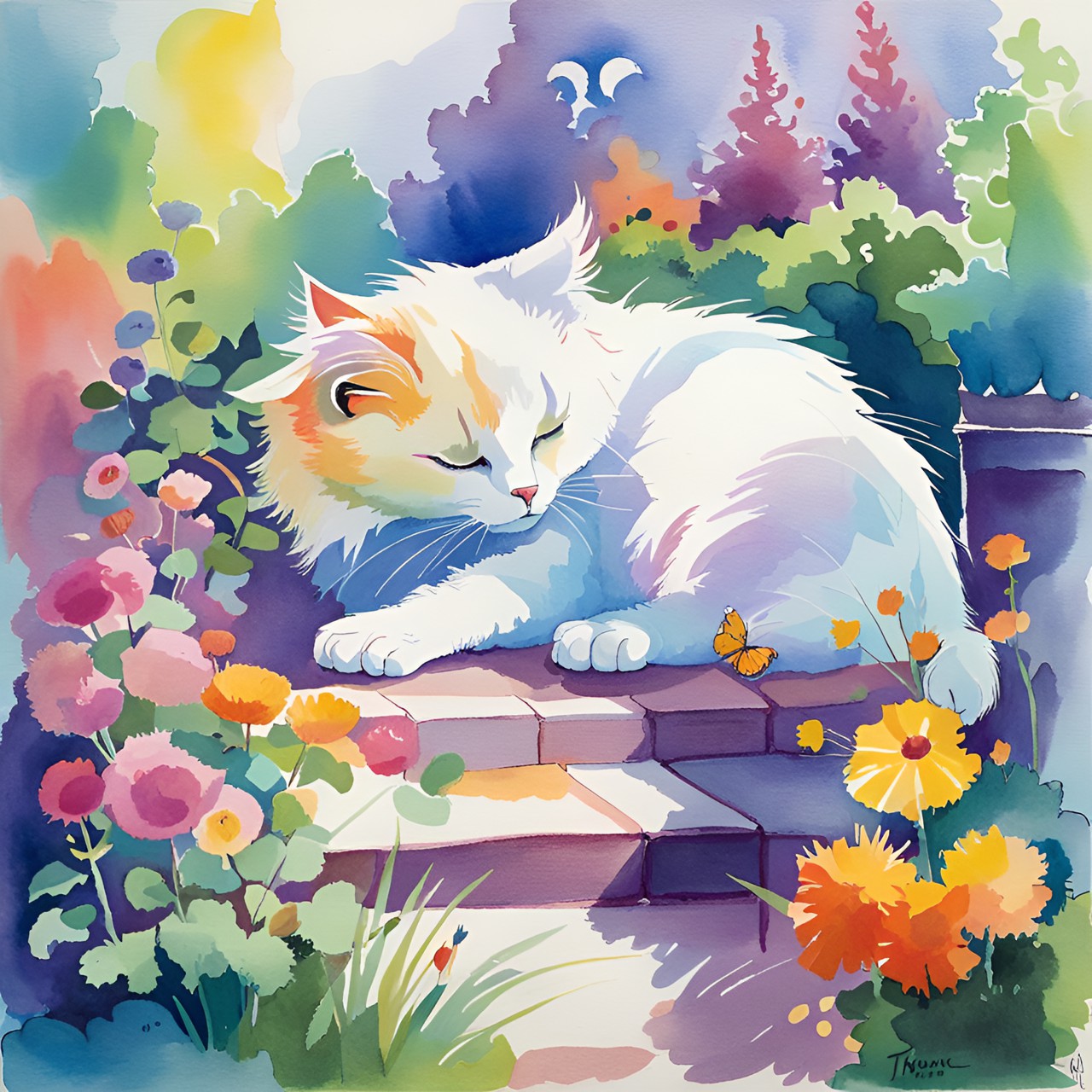 white fluffy cat stretching its paws in a garden preview