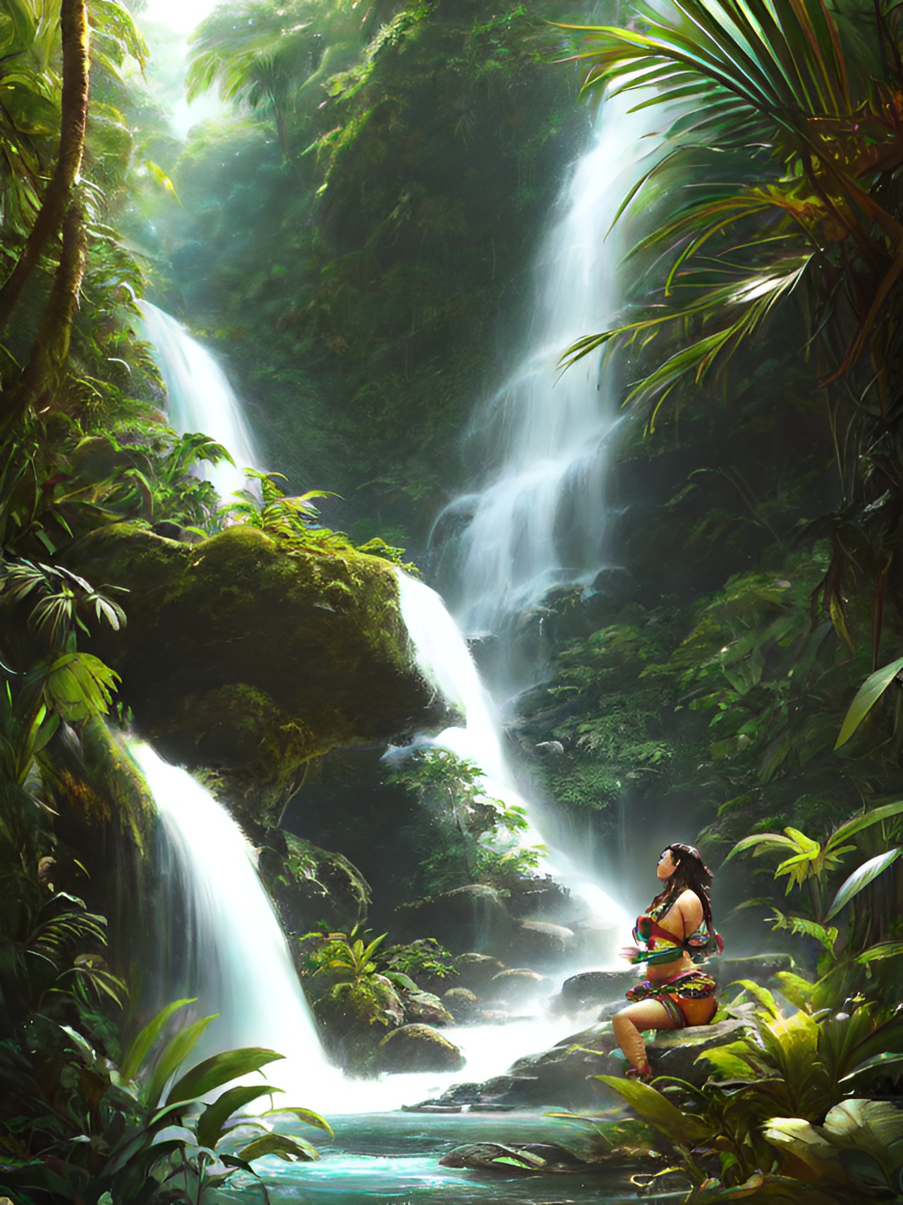 Amazon Bath - gorgeous amazonian tribal woman bathing in jungle waterfall. preview