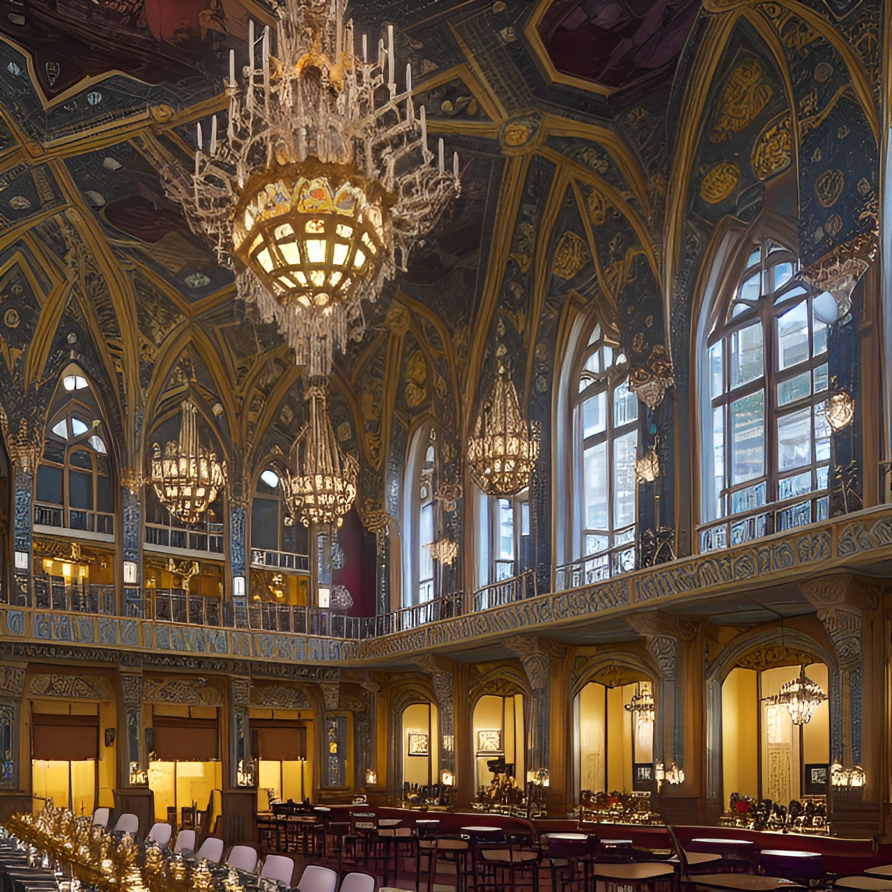 a thousand chandeliers shine on the ceiling of a dining hall that is so large clouds form inside preview