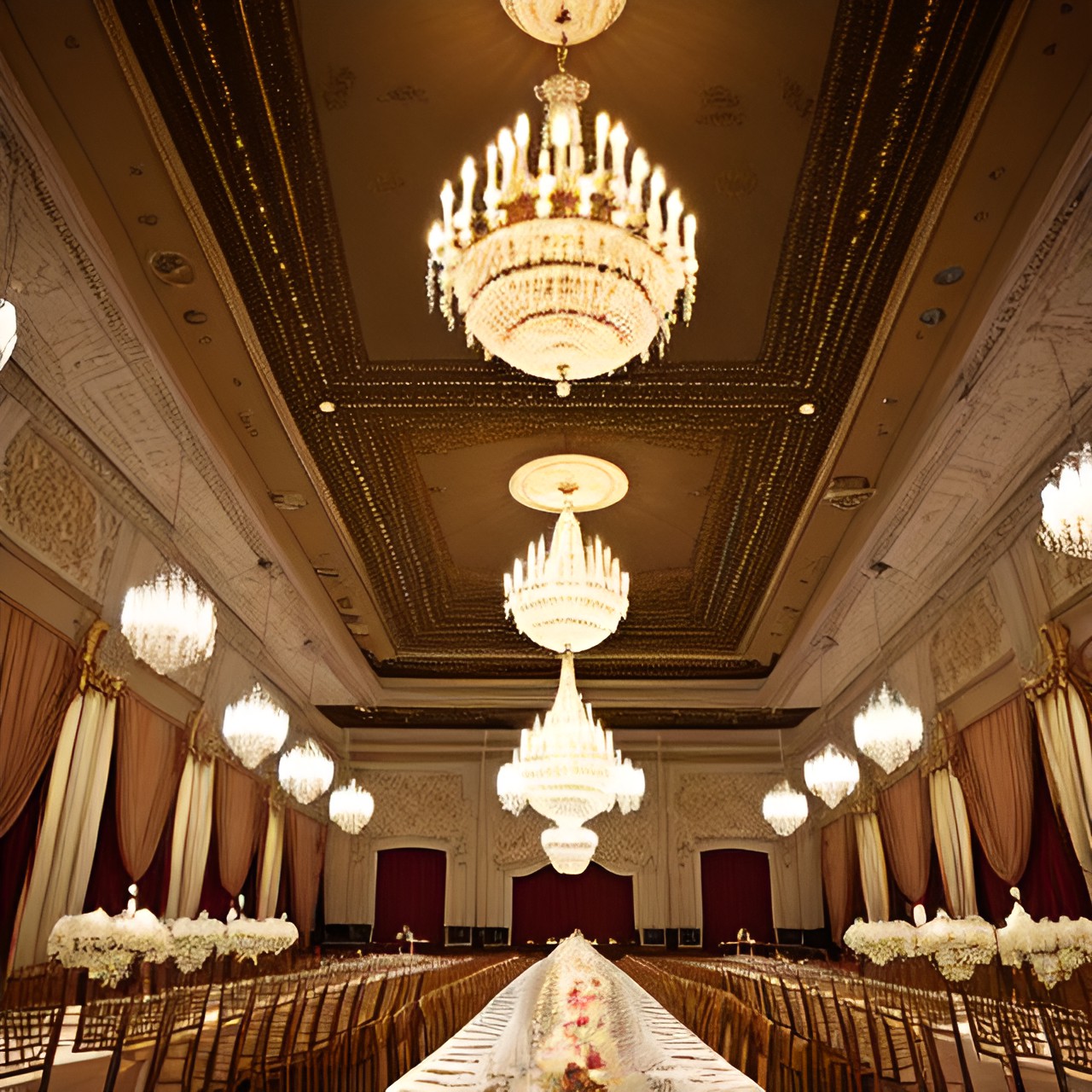 a ball room with a thousand chandeliers on the ceiling. the ceiling is so high clouds form indoors. the chandeliers are candles. the walls are thorny vines preview