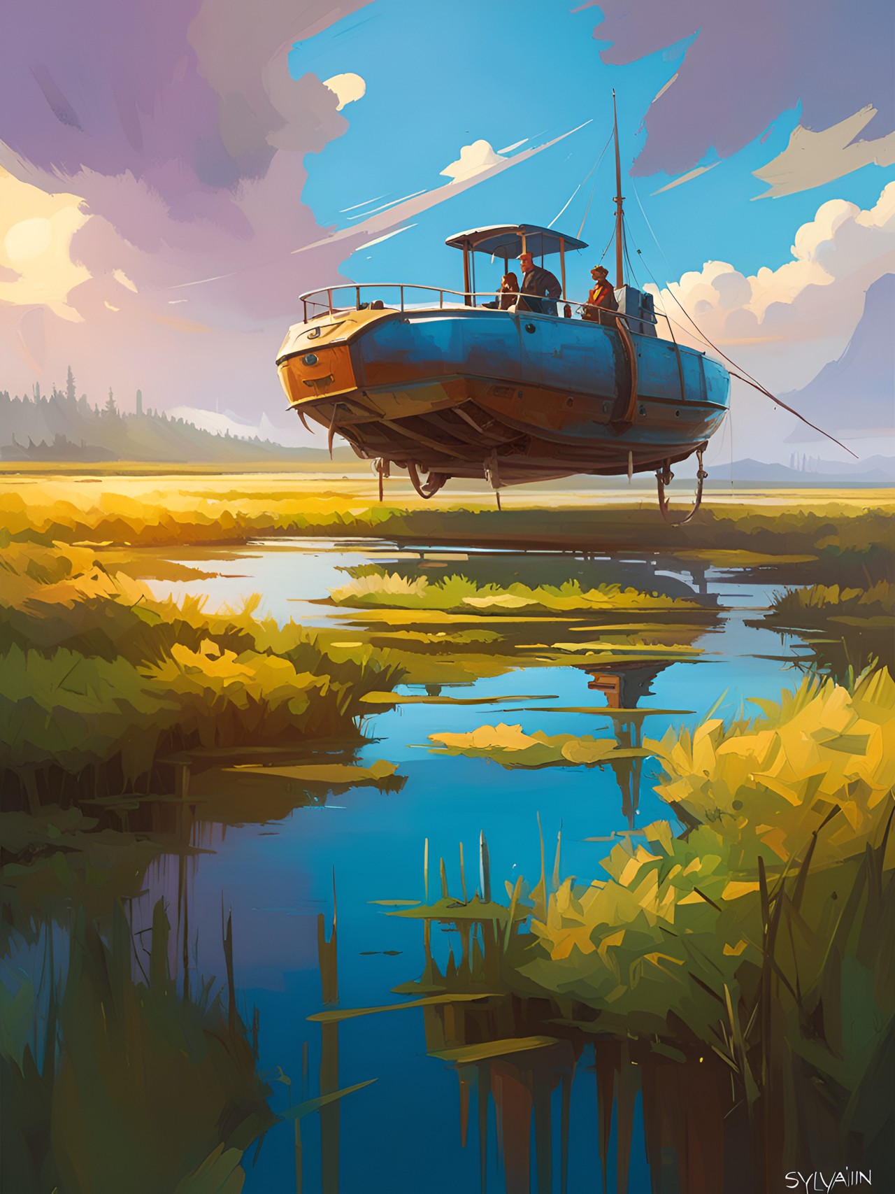 floating boat - mechanical hovering boat on marsh preview