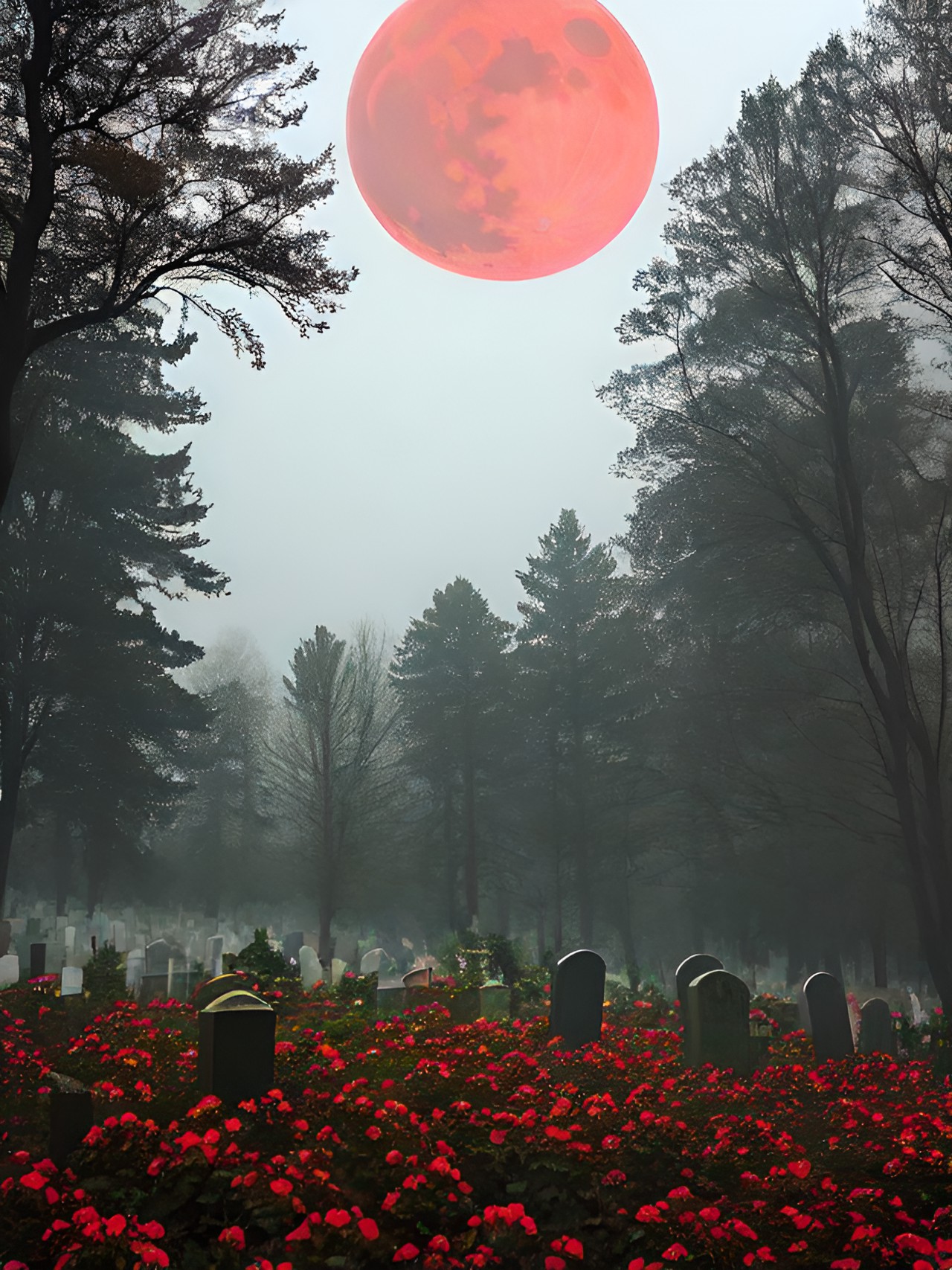 an old over grown grave yard with a forest in the backyard and a foggy sky with a blood red moon there are fresh flowers near one of the graves preview