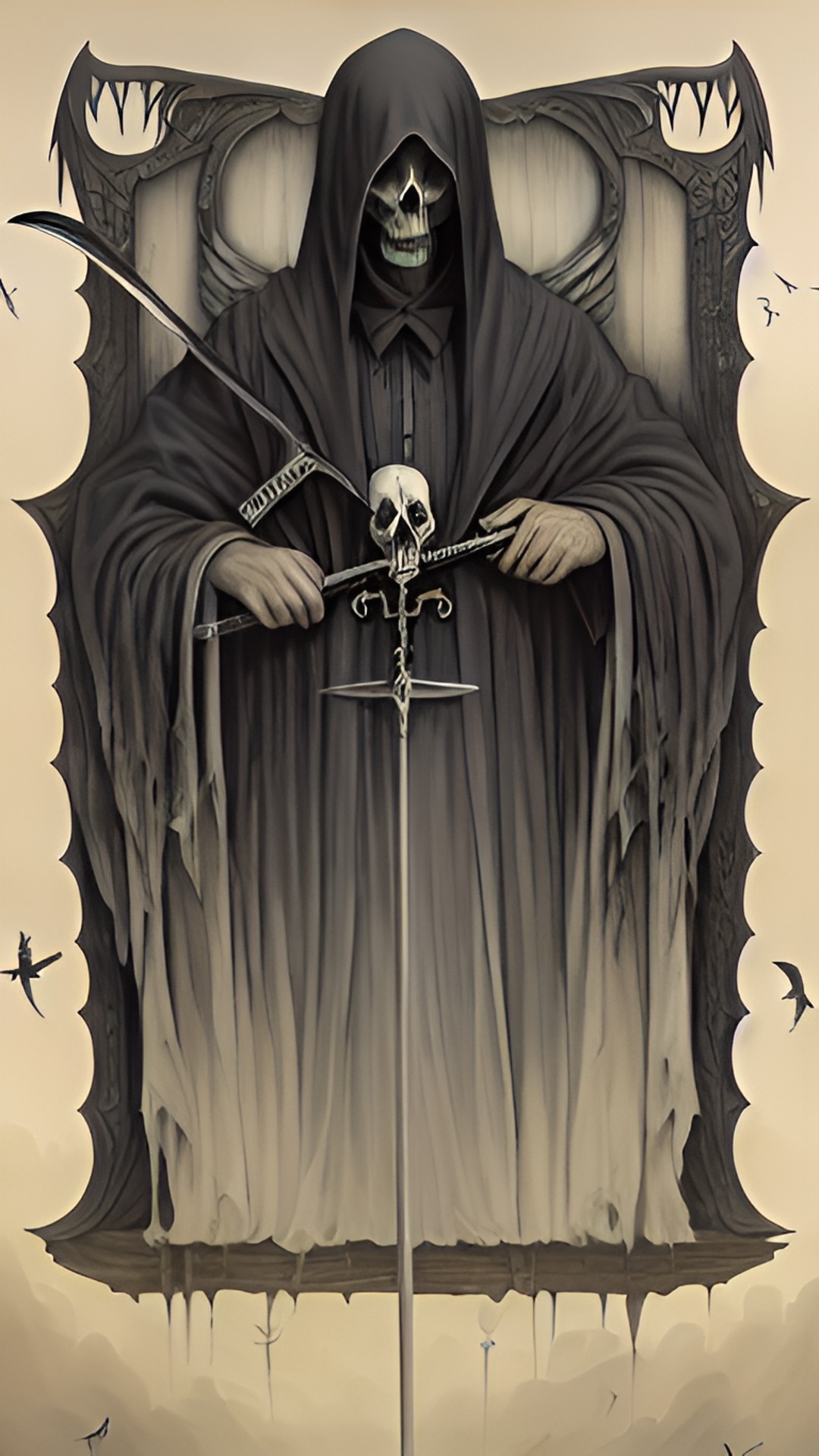 a grim reaper with 4 angel wings holding a scythe of death looking straight preview