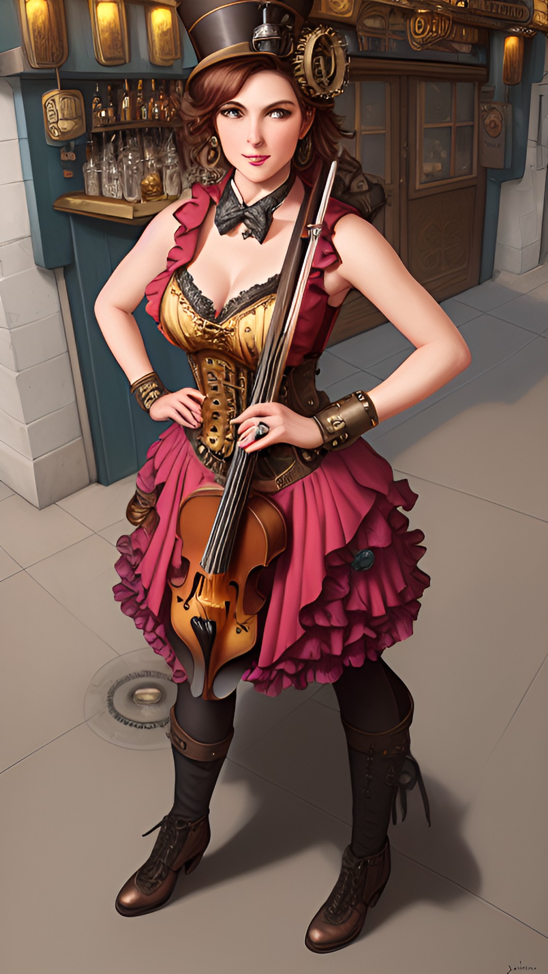 lady bard at a bar, playing a violin preview