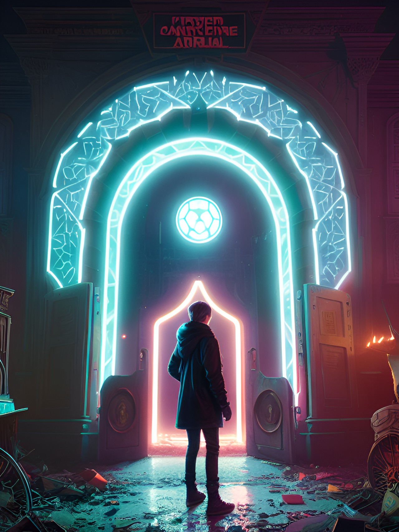 create an eerie and mysterious portal opening in the middle of an abandoned carnival preview