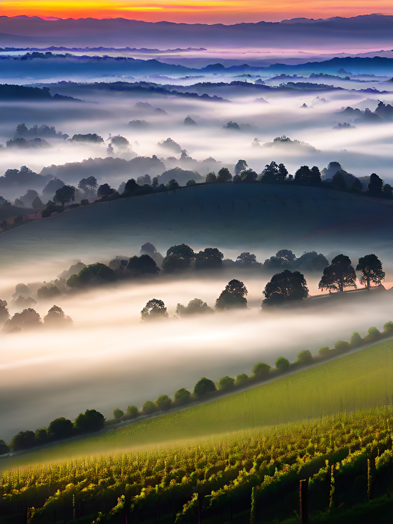 the early morning sun rises over a misty vineyard preview