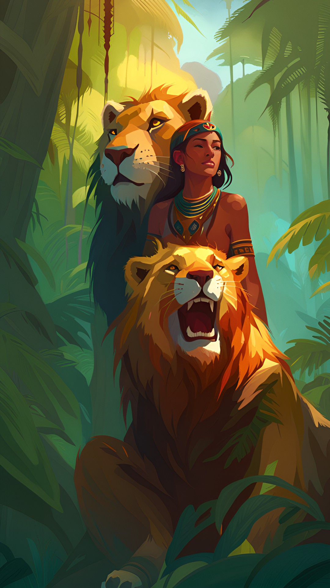 Lion Mother - jungle warrior woman with pet lion. preview